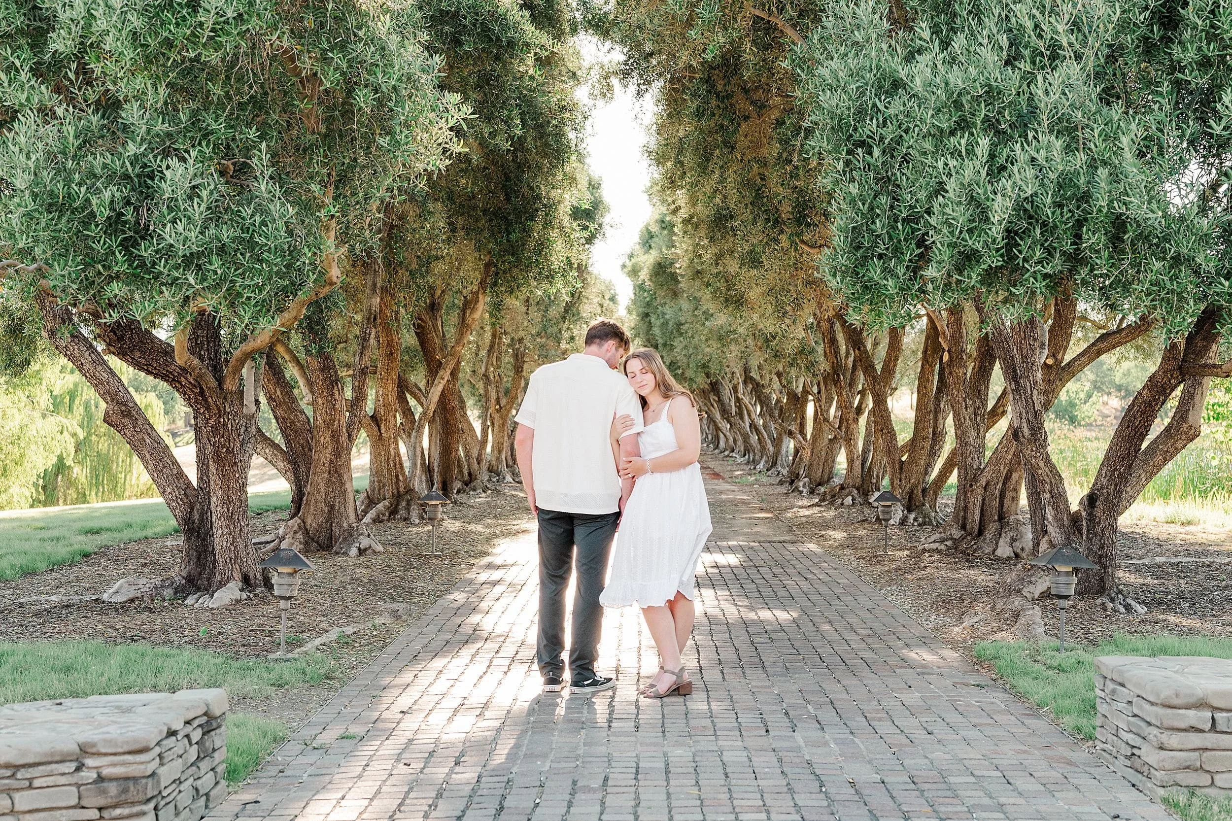 A couple walks down a sunlit, tree-lined pathway, embracing. The romantic, serene setting features lush green trees and a cobblestone path.
