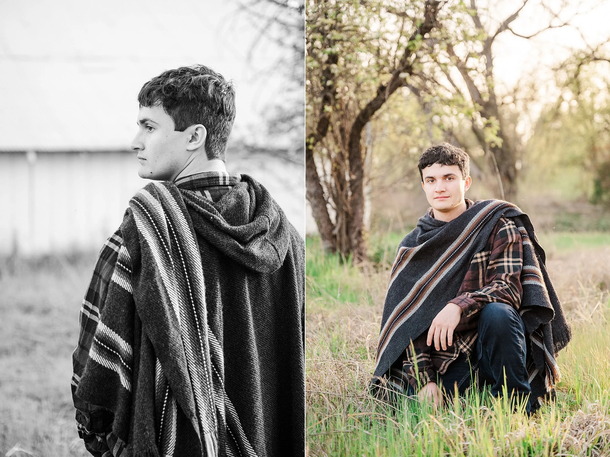 teenage boy wearing brown plaid and poncho