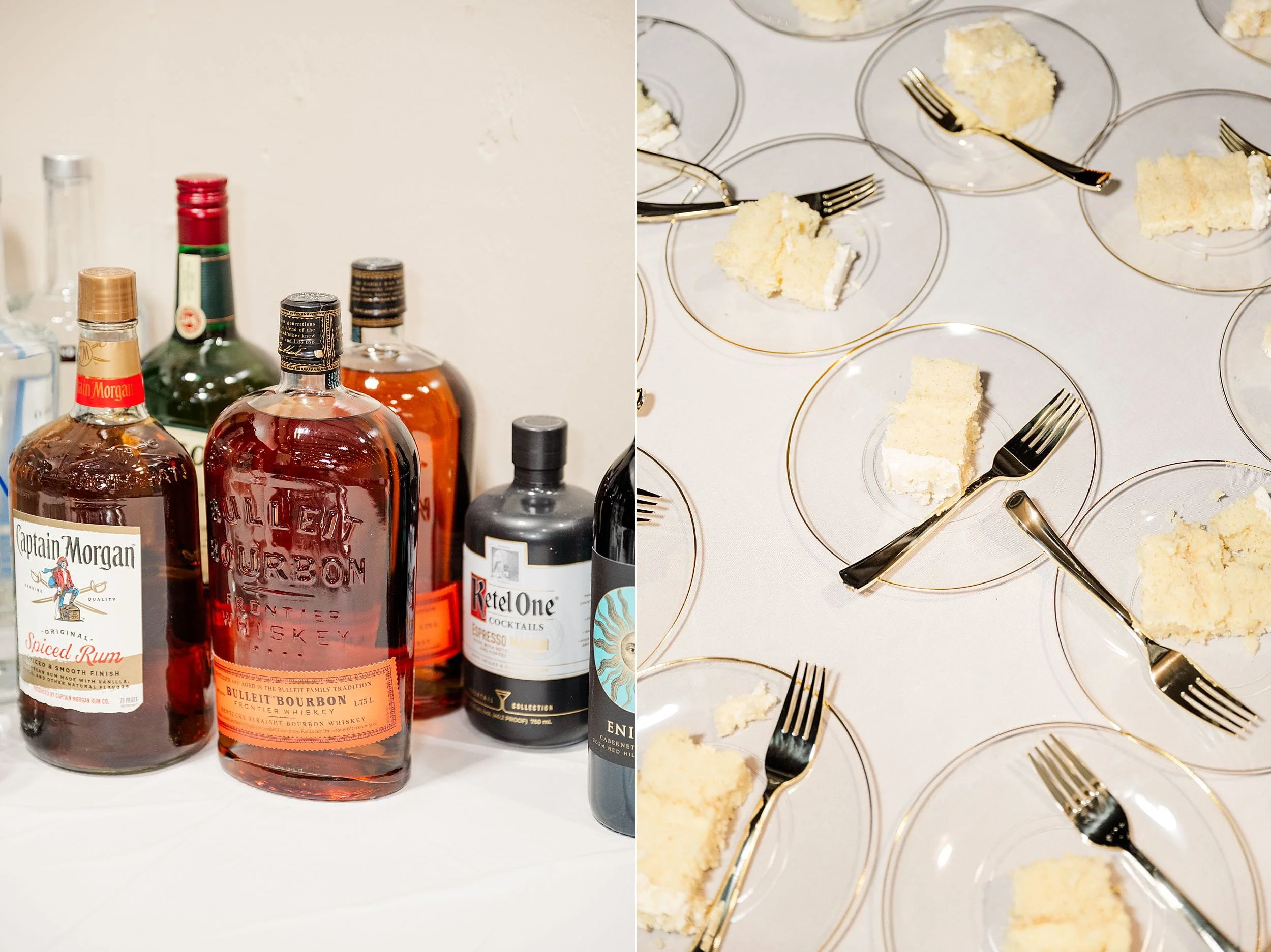 On the left, a variety of liquor bottles, including rum and bourbon, are arranged on a white table. On the right, plates with sliced cake and forks are neatly set.