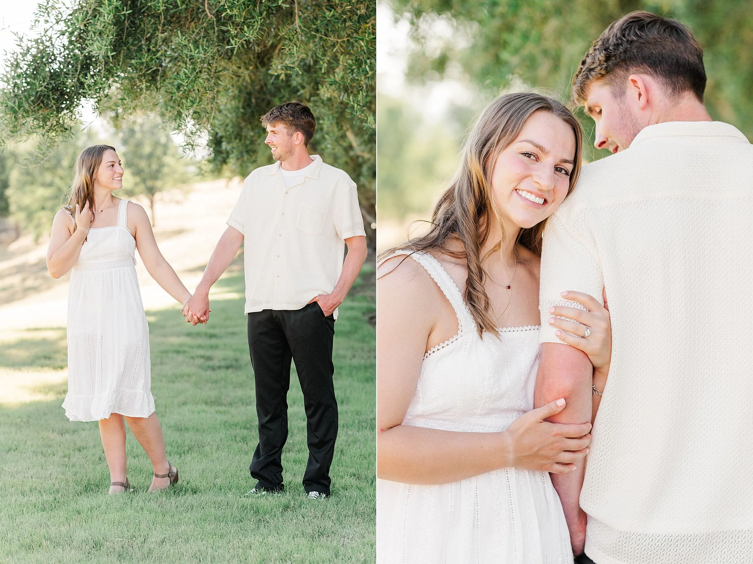 A smiling couple in a grassy park. The woman wears a white dress, the man a light shirt and dark pants. They hold hands, radiating joy and affection.