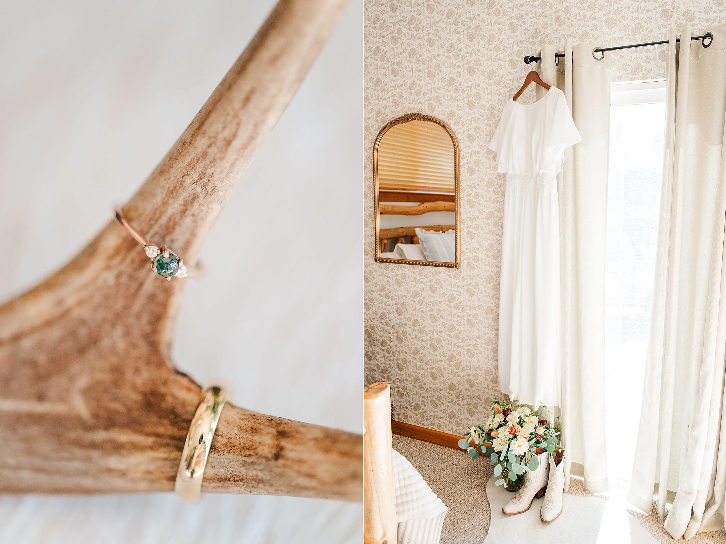 A split wedding scene shows a close-up of jeweled rings on driftwood beside a white bridal gown, bouquet, and shoes in a bright, romantic room.
