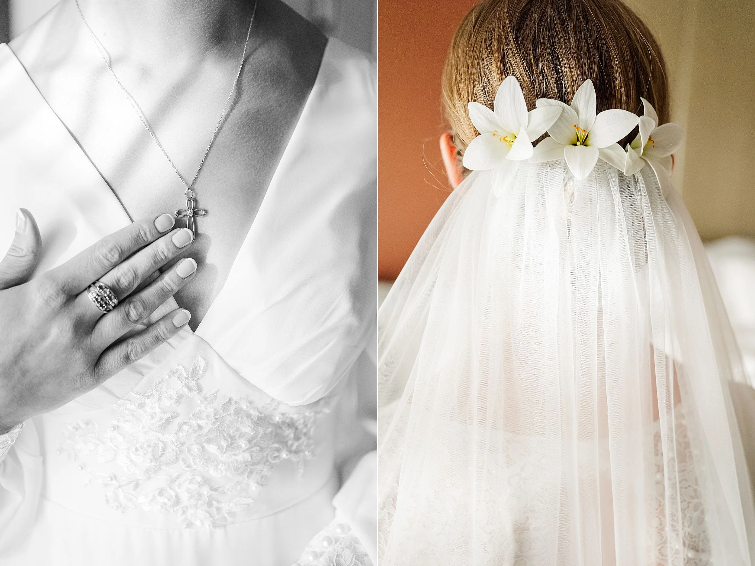 On the left, a bride wearing a white dress gently touches her chest, showing a cross necklace and a ring. On the right, her veil is adorned with white flowers.