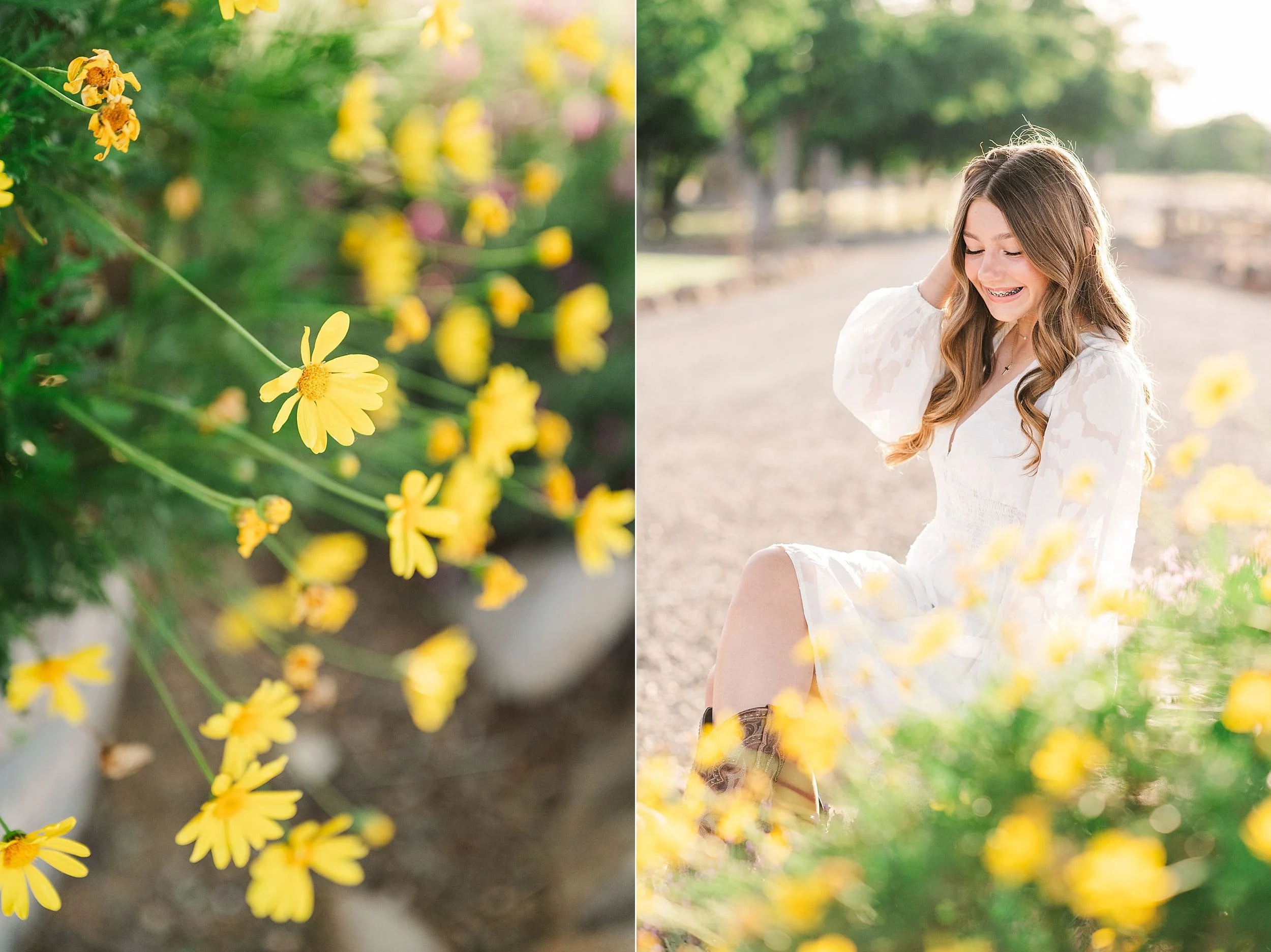 yellow daisies and teenage girl wearing white dress