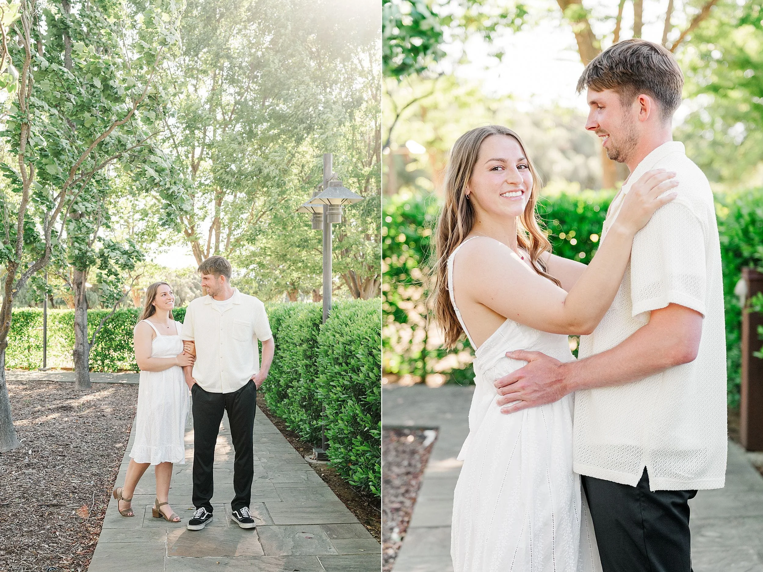 A couple in a sunlit garden setting. On the left, they walk arm-in-arm along a stone path. On the right, they embrace and smile warmly at each other.