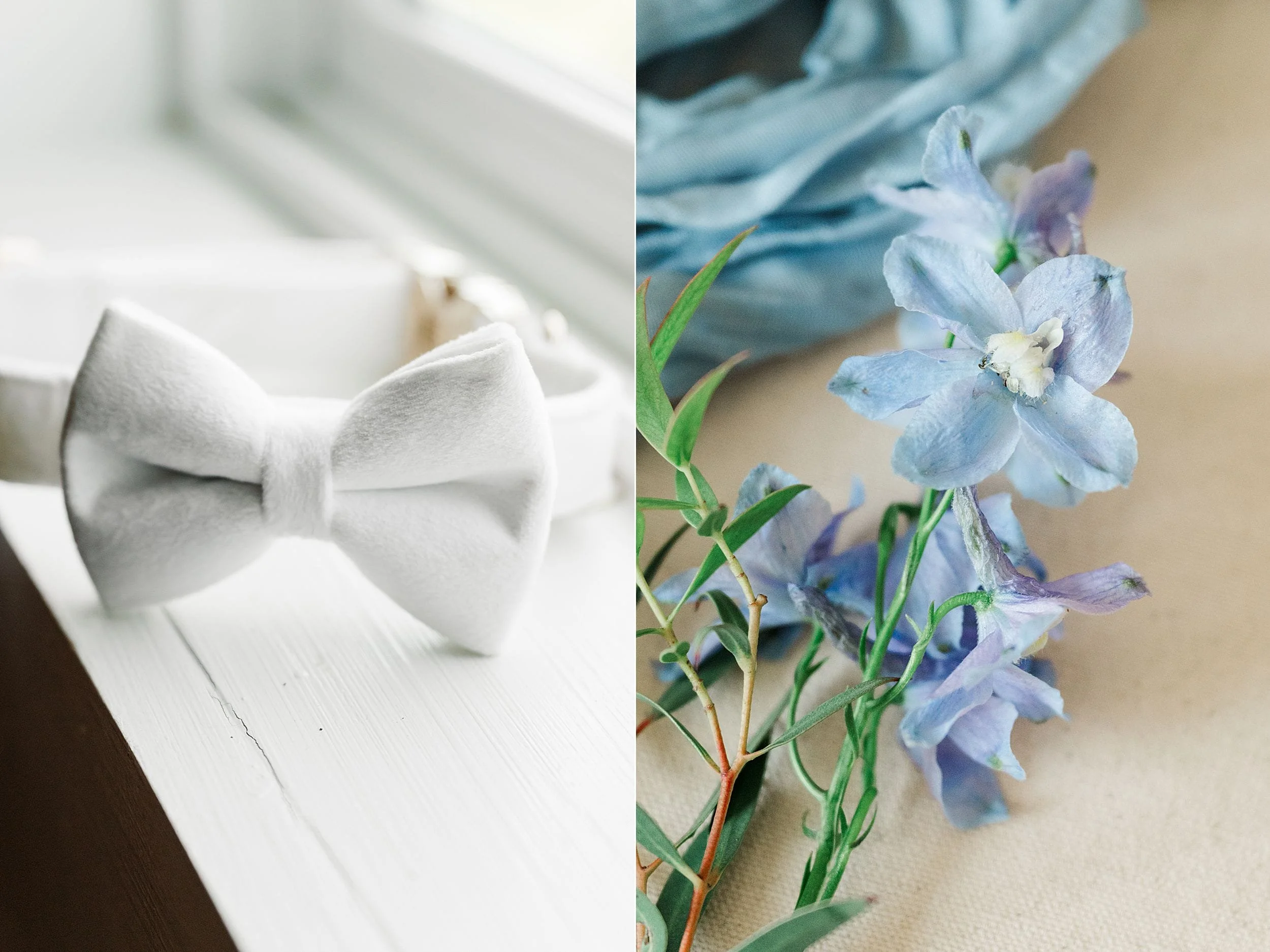 White groom bow tie and blue flowers styled with soft wedding details.