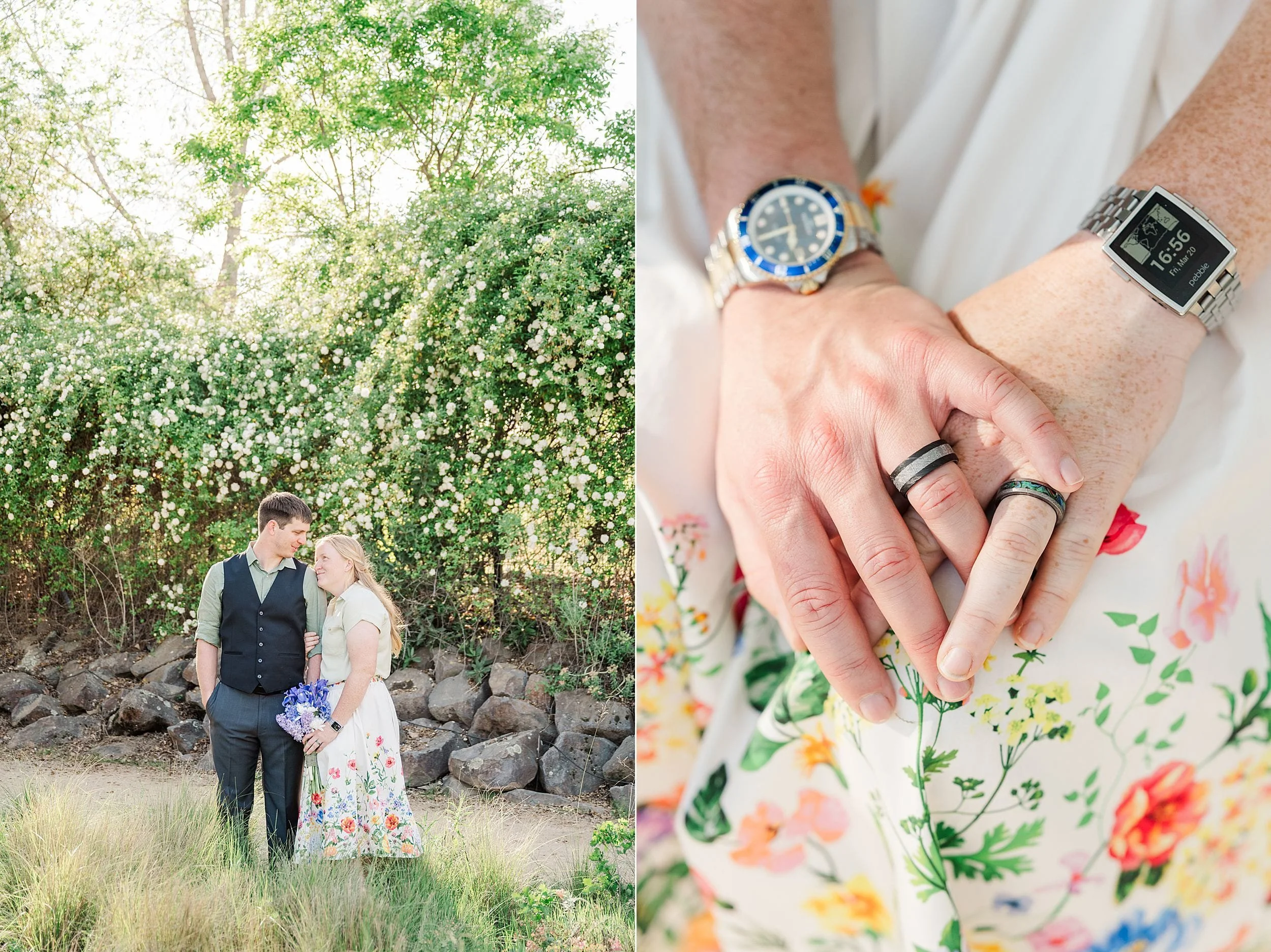 A couple stands affectionately under a blooming tree, surrounded by rocks. Nearby, a close-up shows their hands interlocked, displaying their wedding rings.