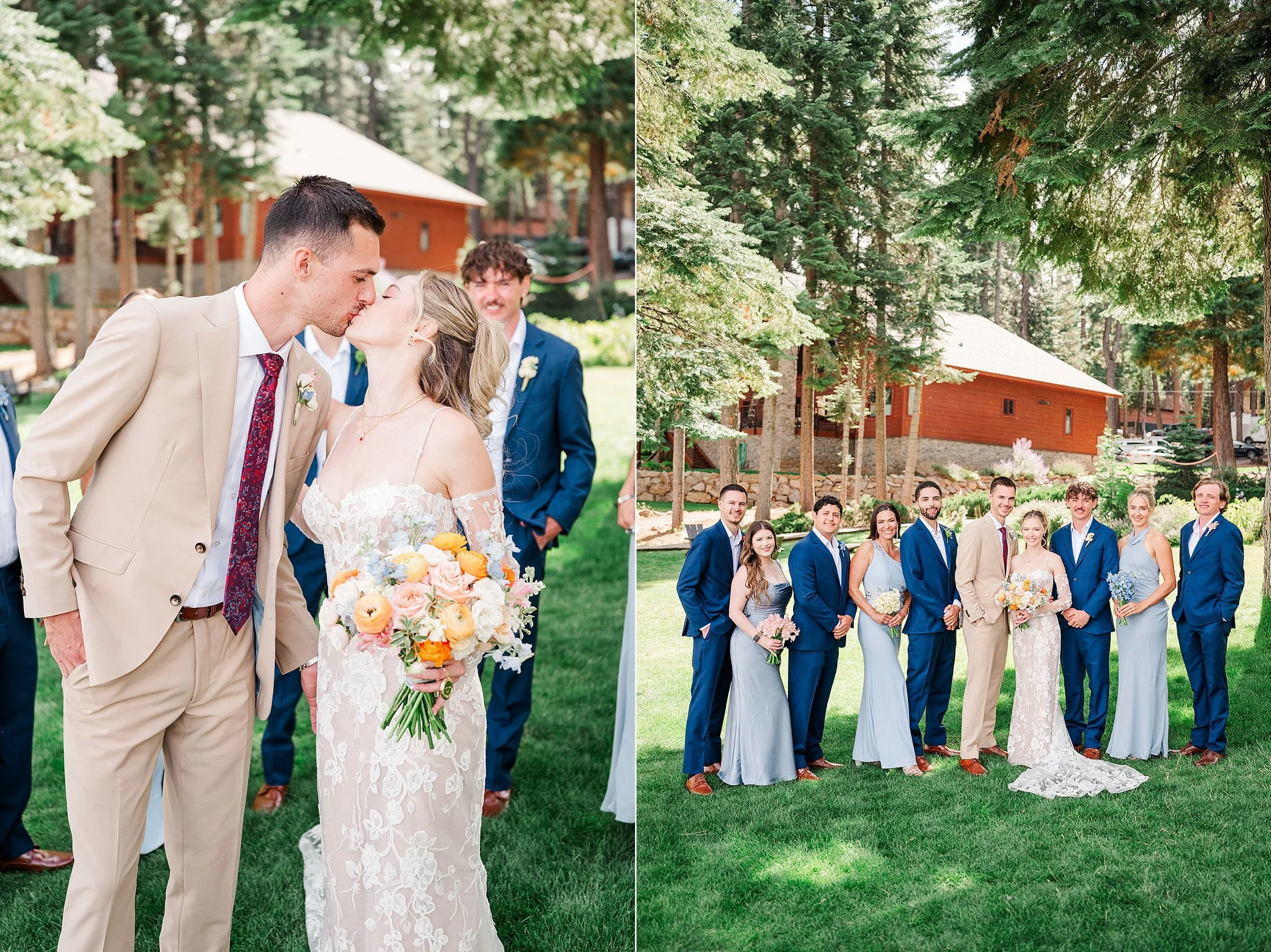 Bride and groom kiss beside a colorful bouquet, while their smiling wedding party poses outdoors by a rustic cabin in a forest.