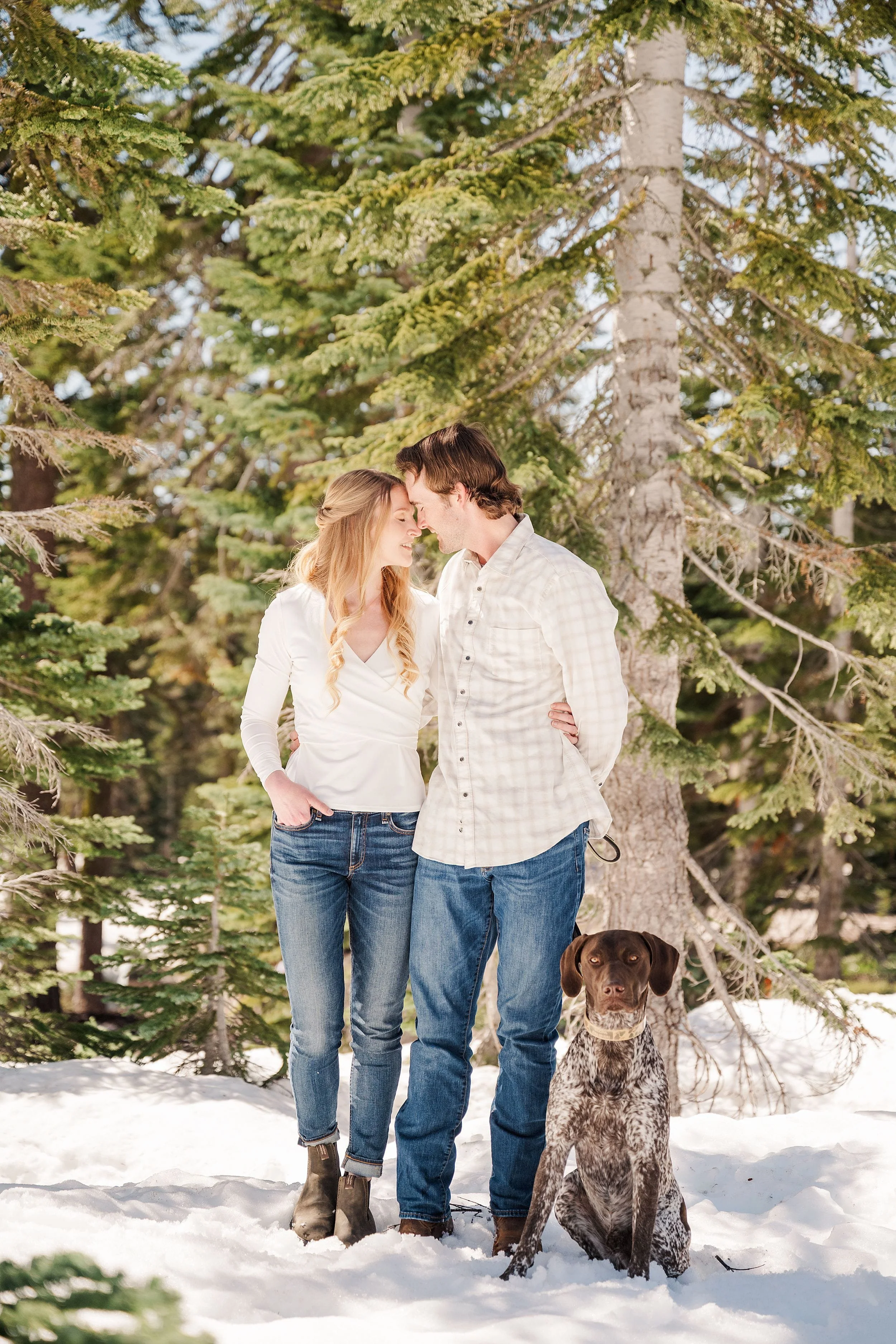 A couple in jeans embraces in a snowy forest, their foreheads touching affectionately. A brown and white dog sits beside them, conveying warmth and joy.
