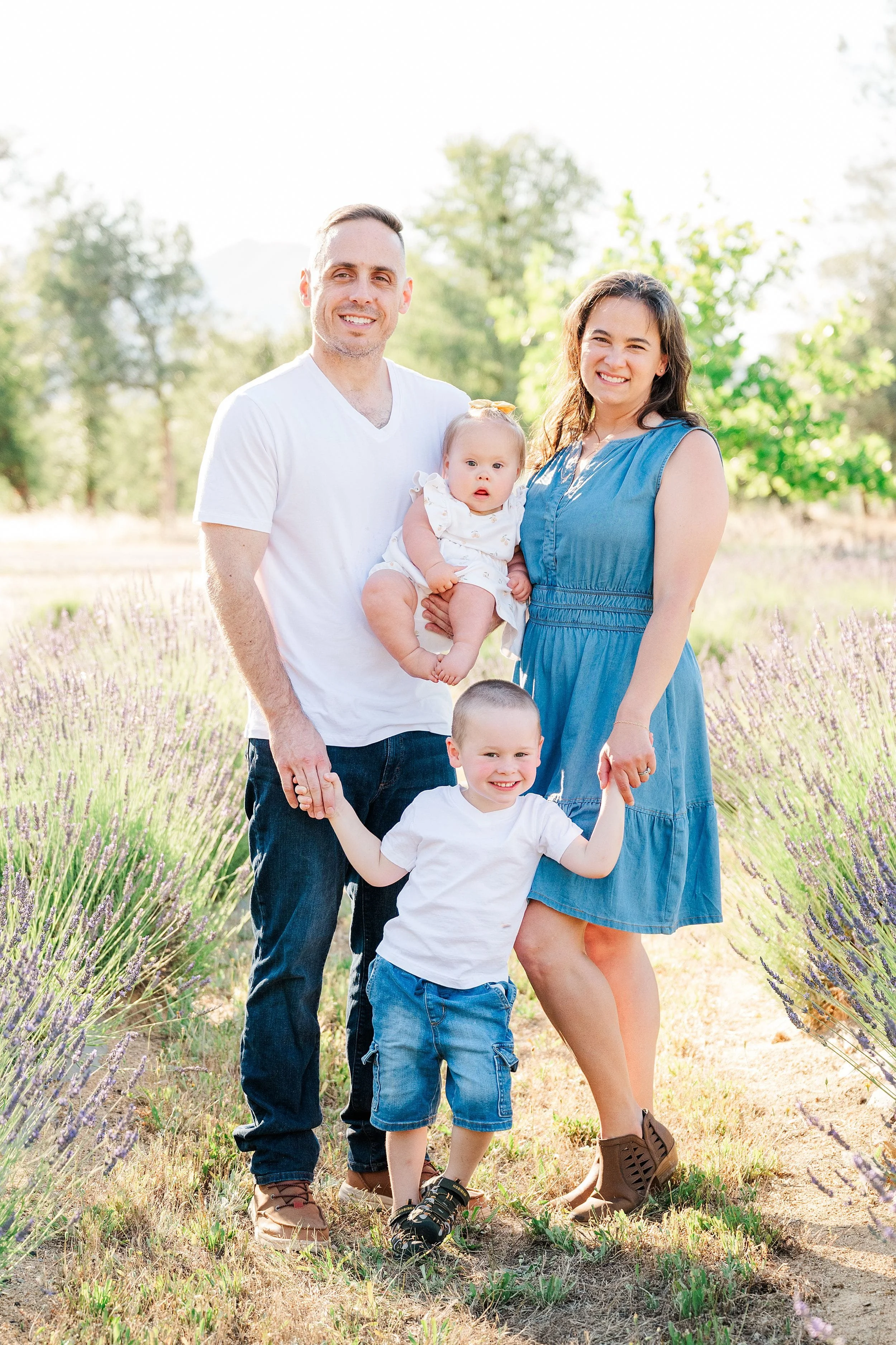 A joyful family of four stands in a sunlit lavender field. Parents hold a baby and toddler, all smiling, creating a warm, cheerful atmosphere.