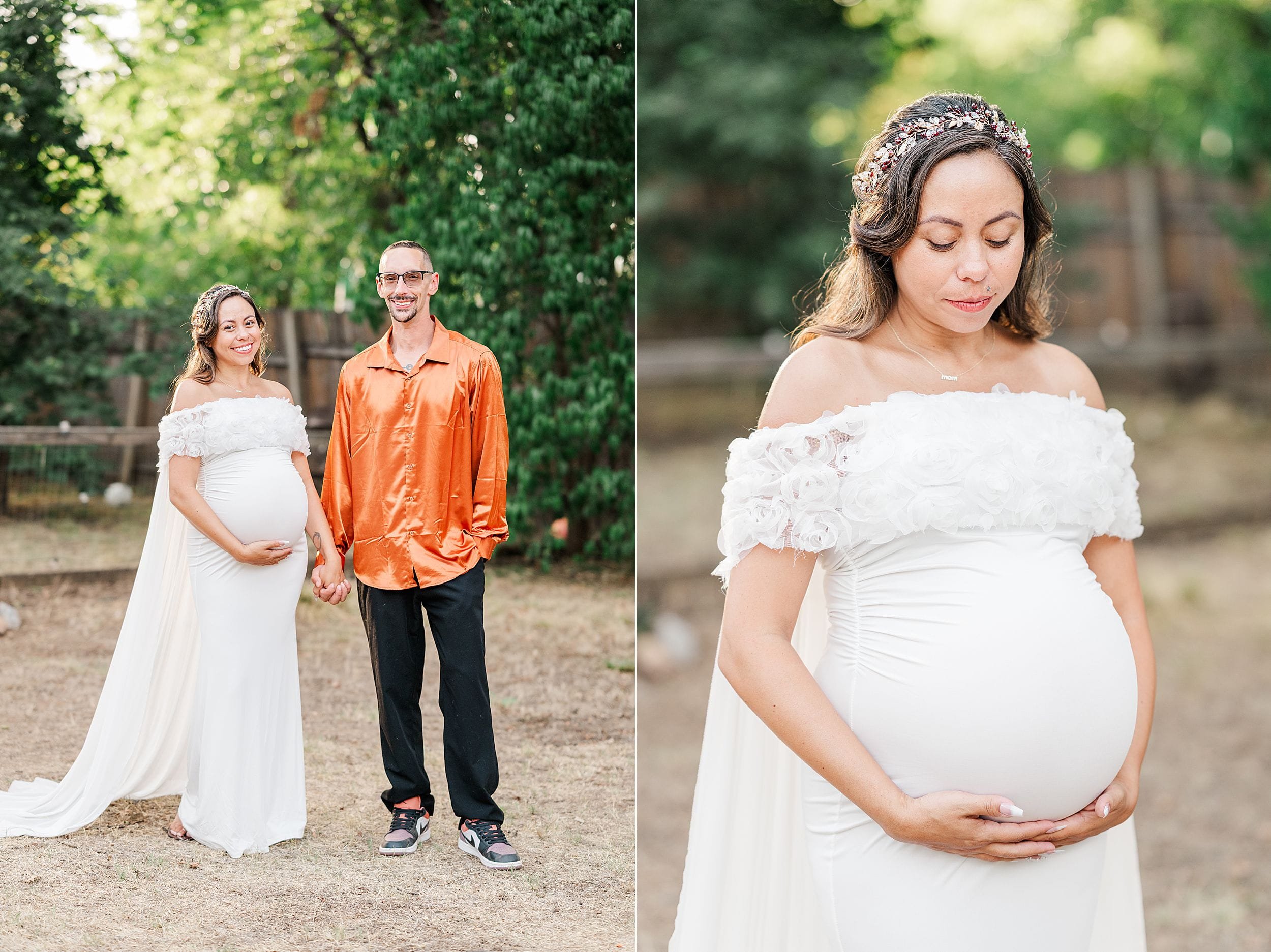 Split portrait of a smiling pregnant couple outdoors and a serene close-up of the mother in a white gown cradling her belly.
