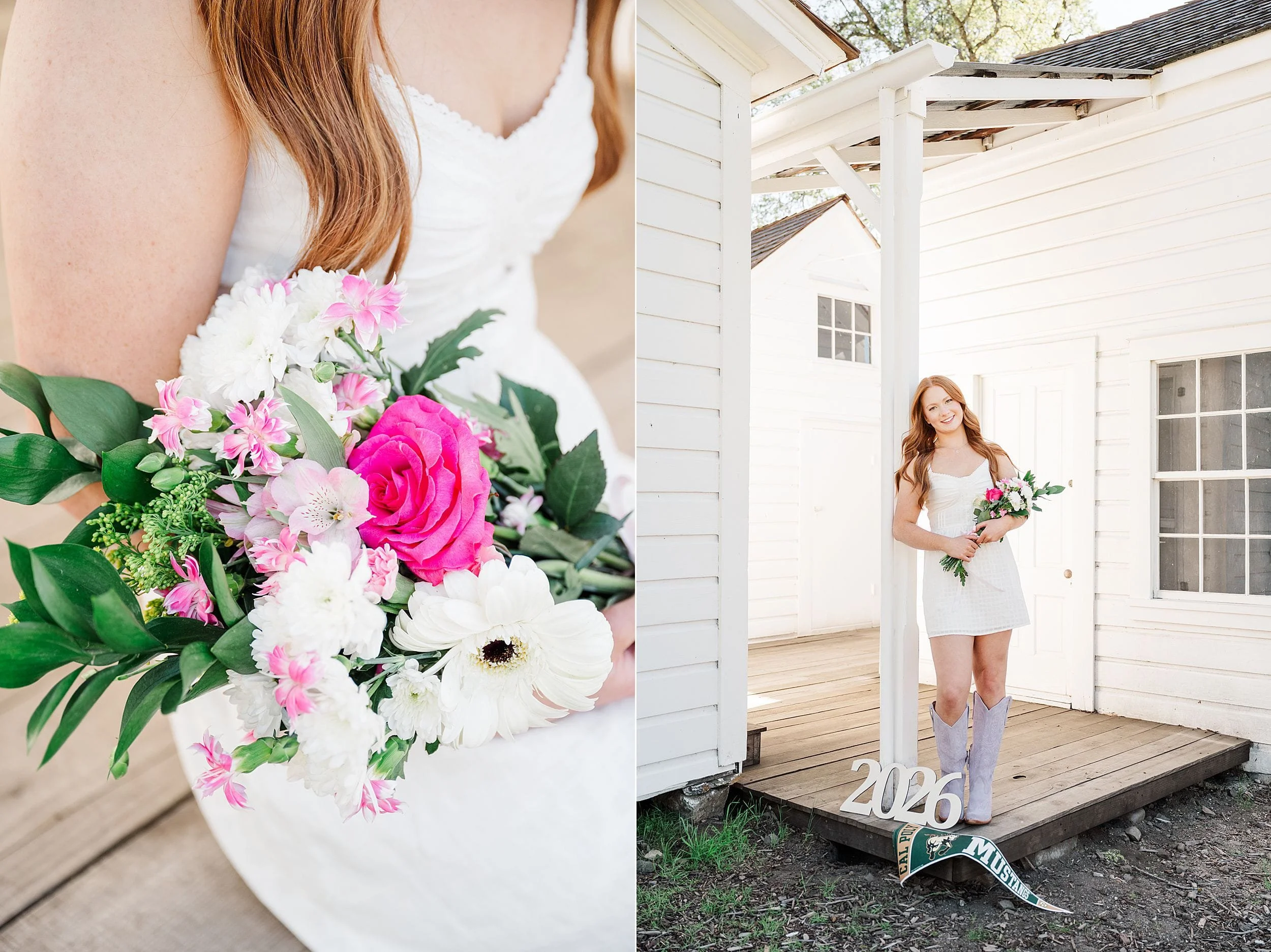A young woman in a white dress holds a vibrant bouquet of pink, white, and green flowers. She stands on a porch next to a "2026" sign, exuding joy and confidence.