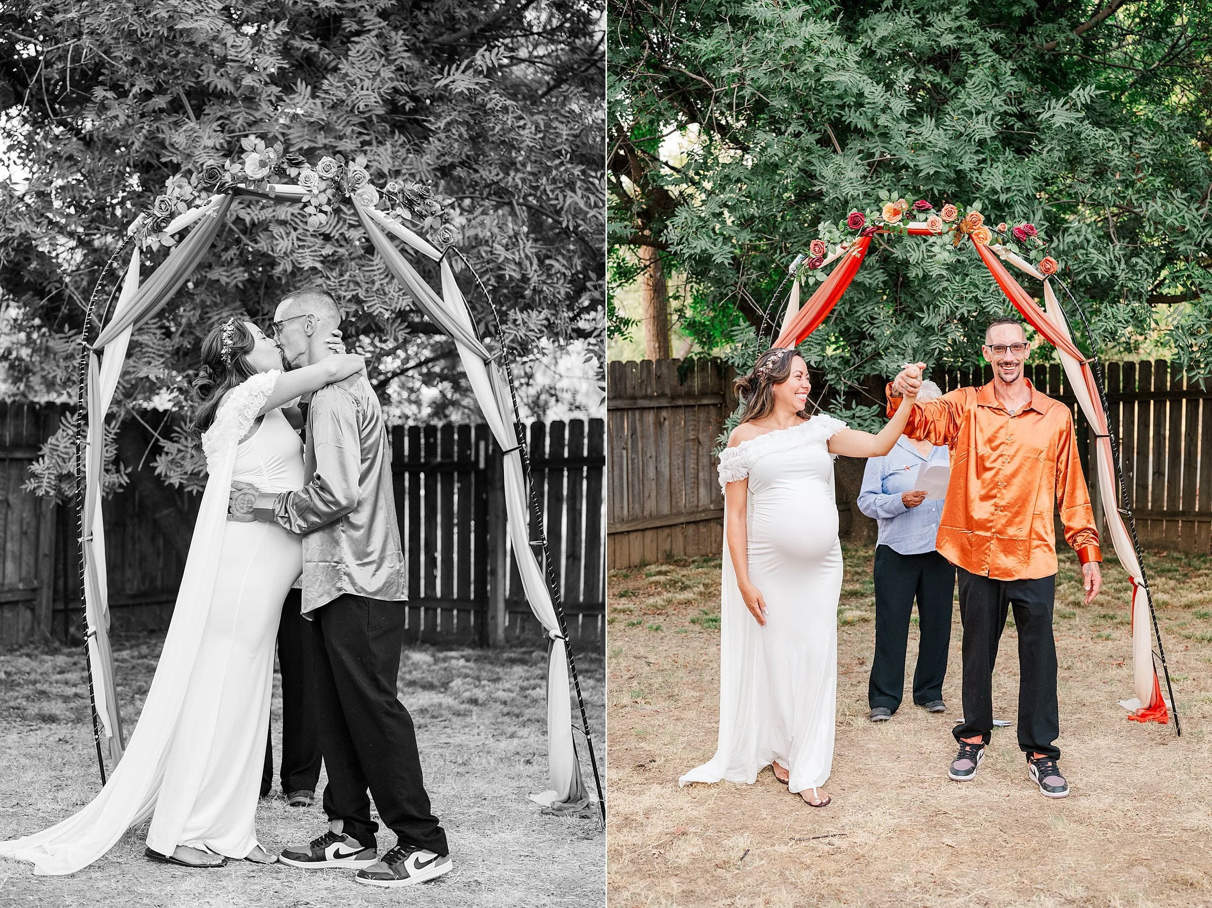 Split image: a couple kisses beneath a floral arch in black-and-white, while a smiling pregnant bride and groom pose beside it in color.