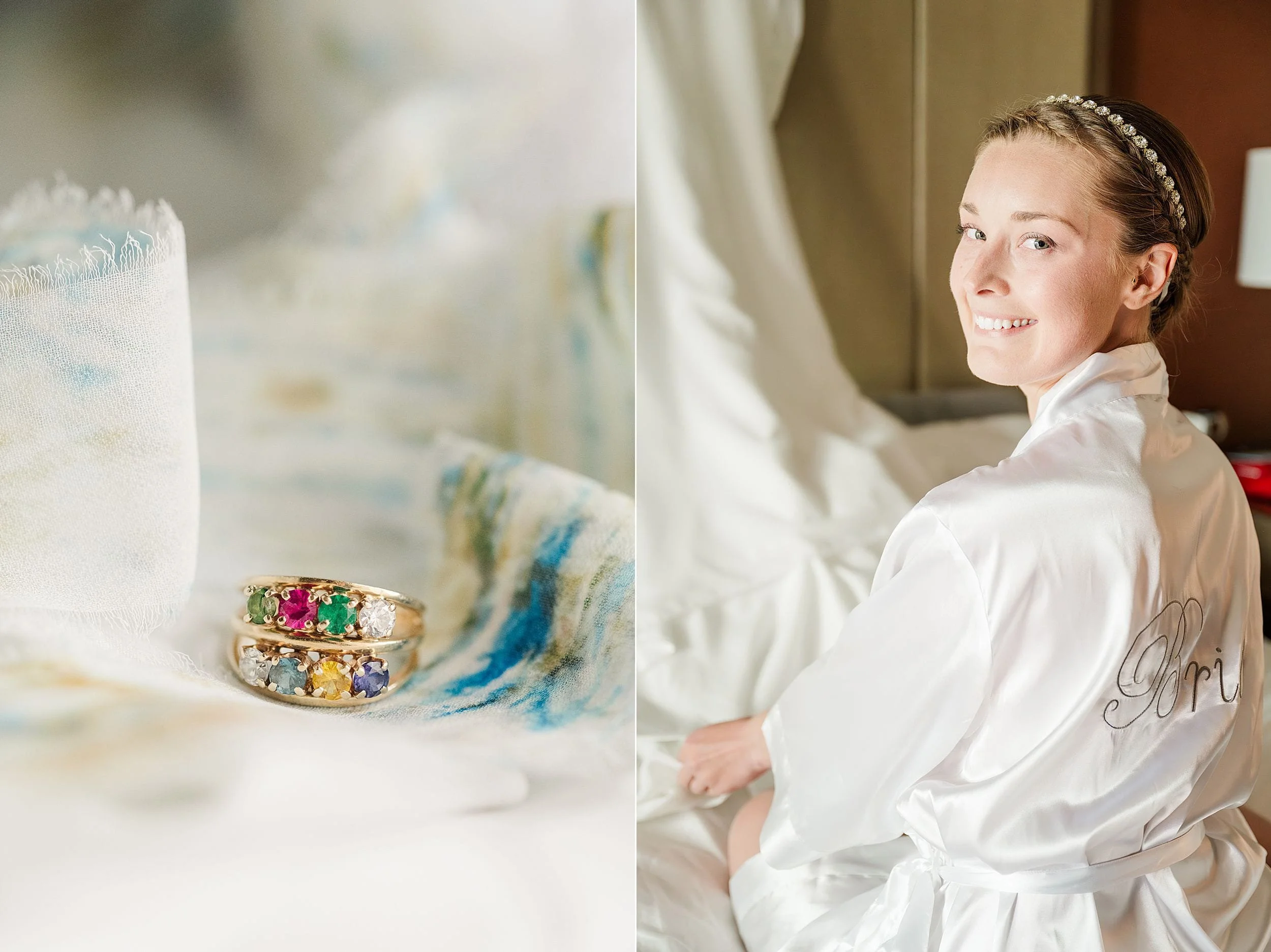 On the left, colorful gemstone rings rest on textured fabric. On the right, a smiling bride in a white robe sits, conveying joy and anticipation.