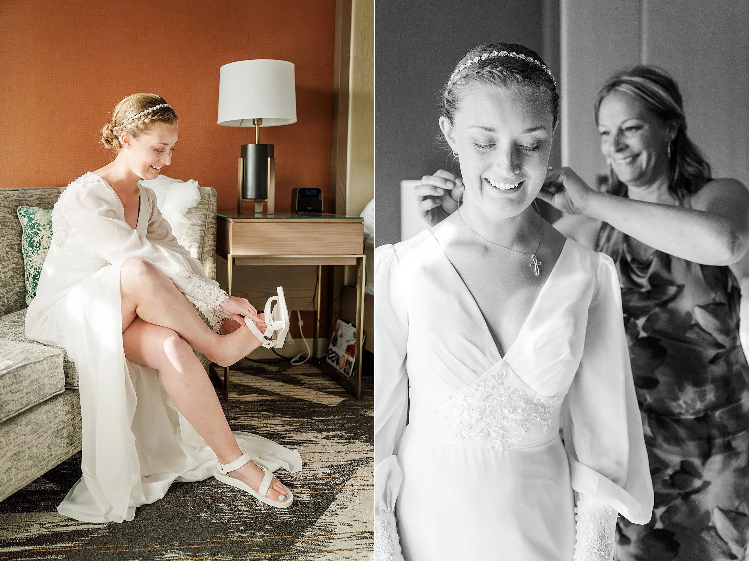 Bridal preparation in two scenes: Left, smiling bride on a couch fastens white sandals. Right, joyful moment as woman adjusts her necklace. Elegant, warm ambiance.
