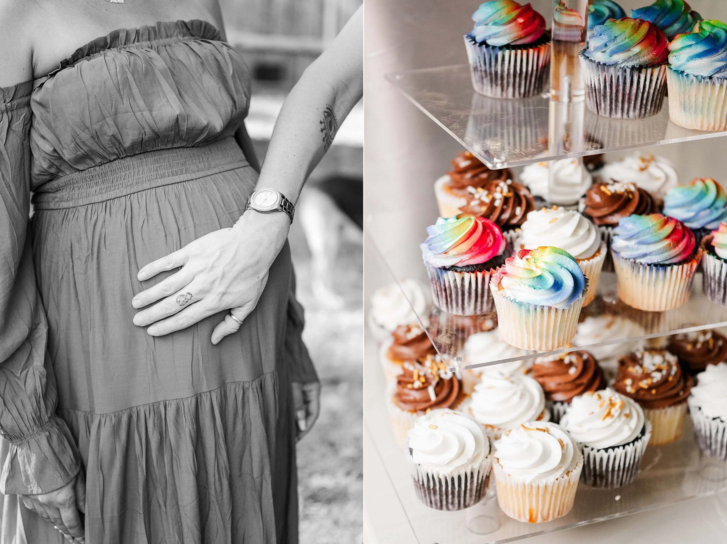 Split image: a pregnant person cradles their belly in black and white beside a display of colorful frosted cupcakes, contrasting motherhood and treats.