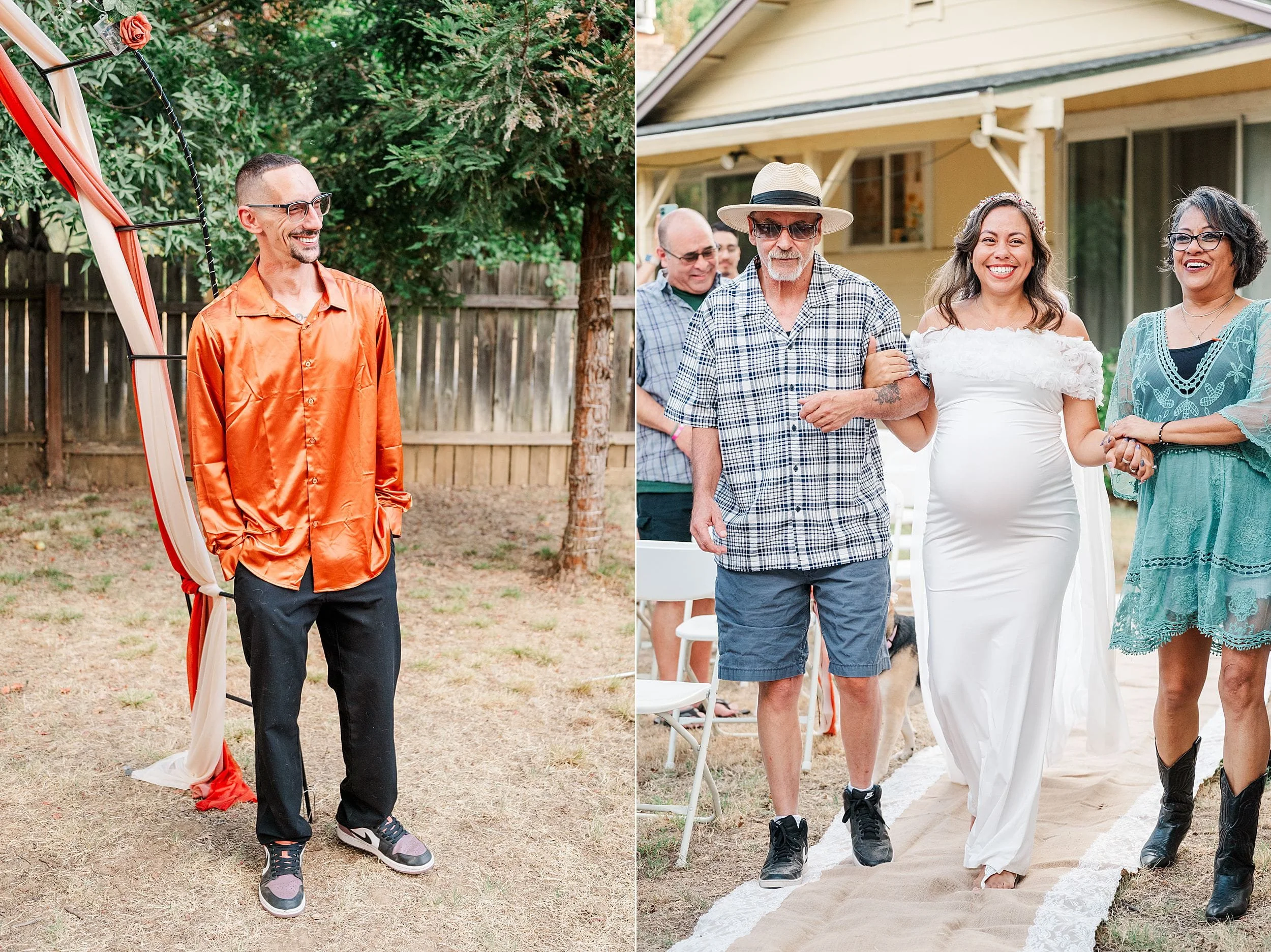 Split wedding portrait: smiling man in orange shirt stands by an outdoor arbor; pregnant bride in white walks with family and friends.