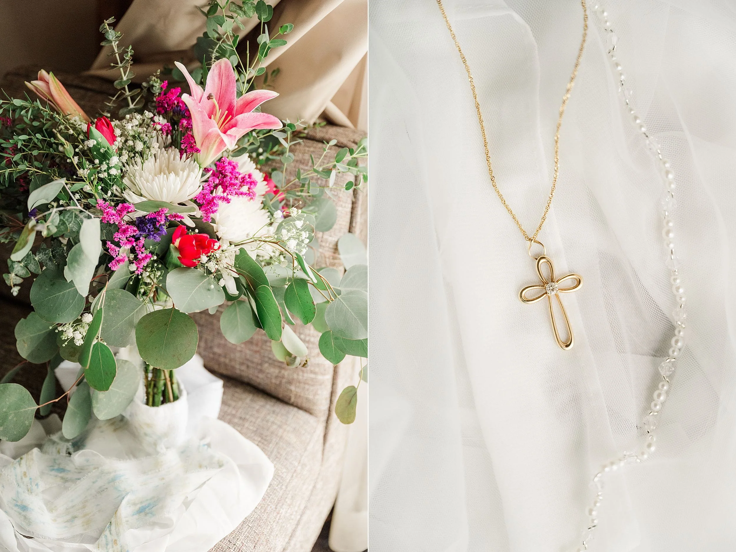 A vibrant bouquet with pink lilies, white and red flowers, and greenery on a chair. Beside it, a gold cross necklace on delicate white fabric.
