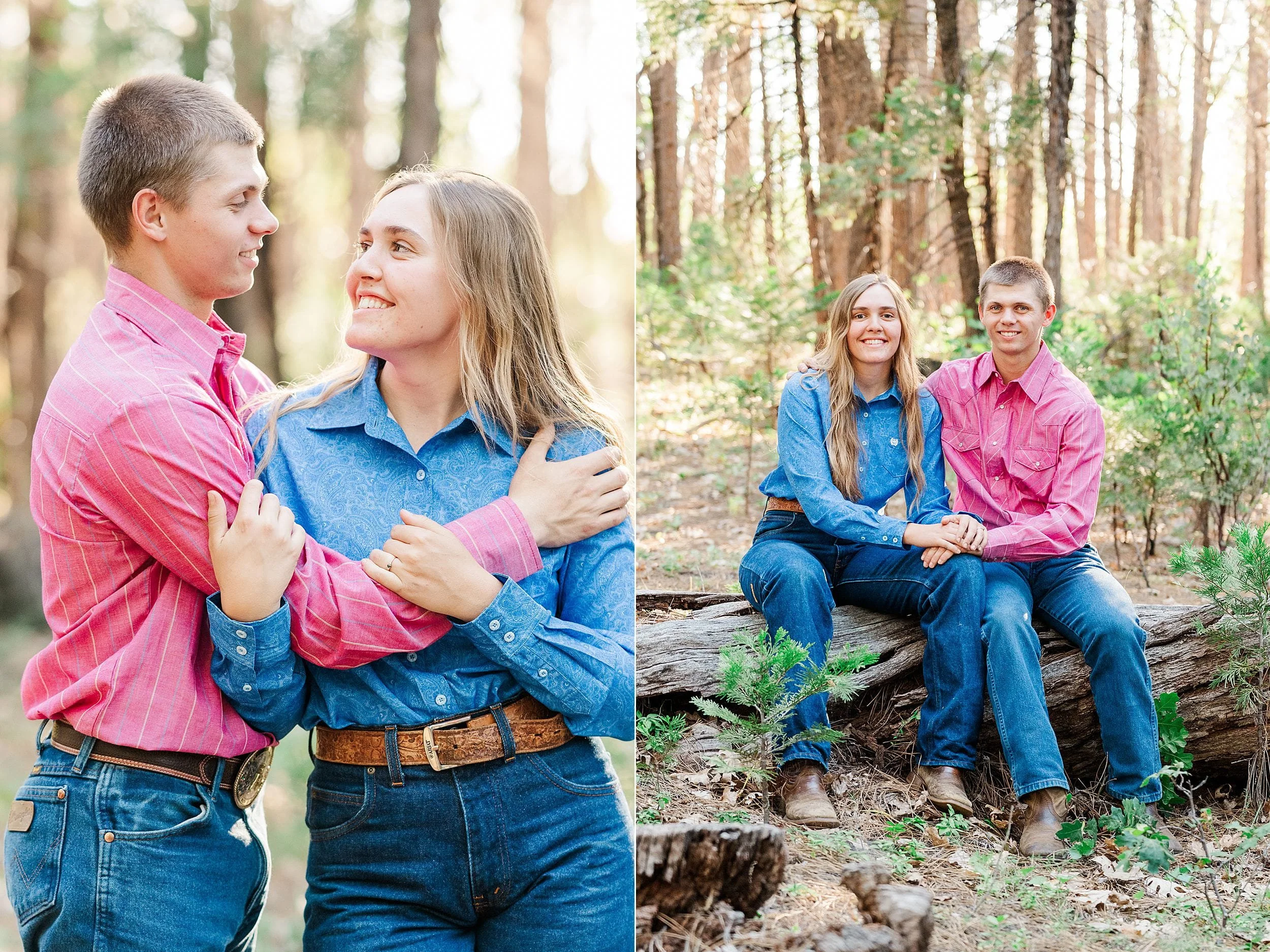 Couple in western-inspired outfits sharing a smile while sitting on a fallen log during their engagement session.