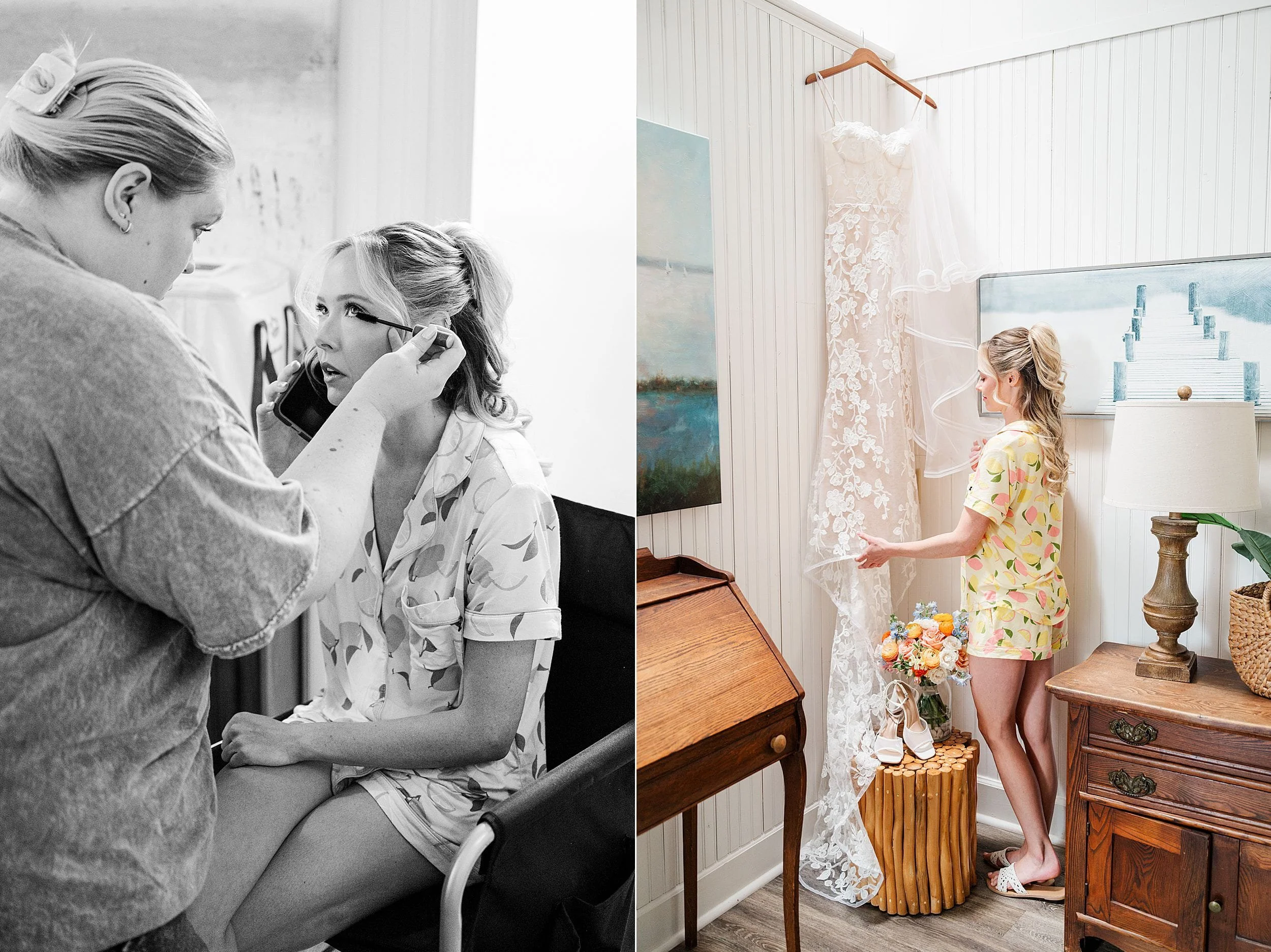 Split image shows a bride preparing with makeup artist, then admiring her lace wedding dress in a bright, elegant bridal room.