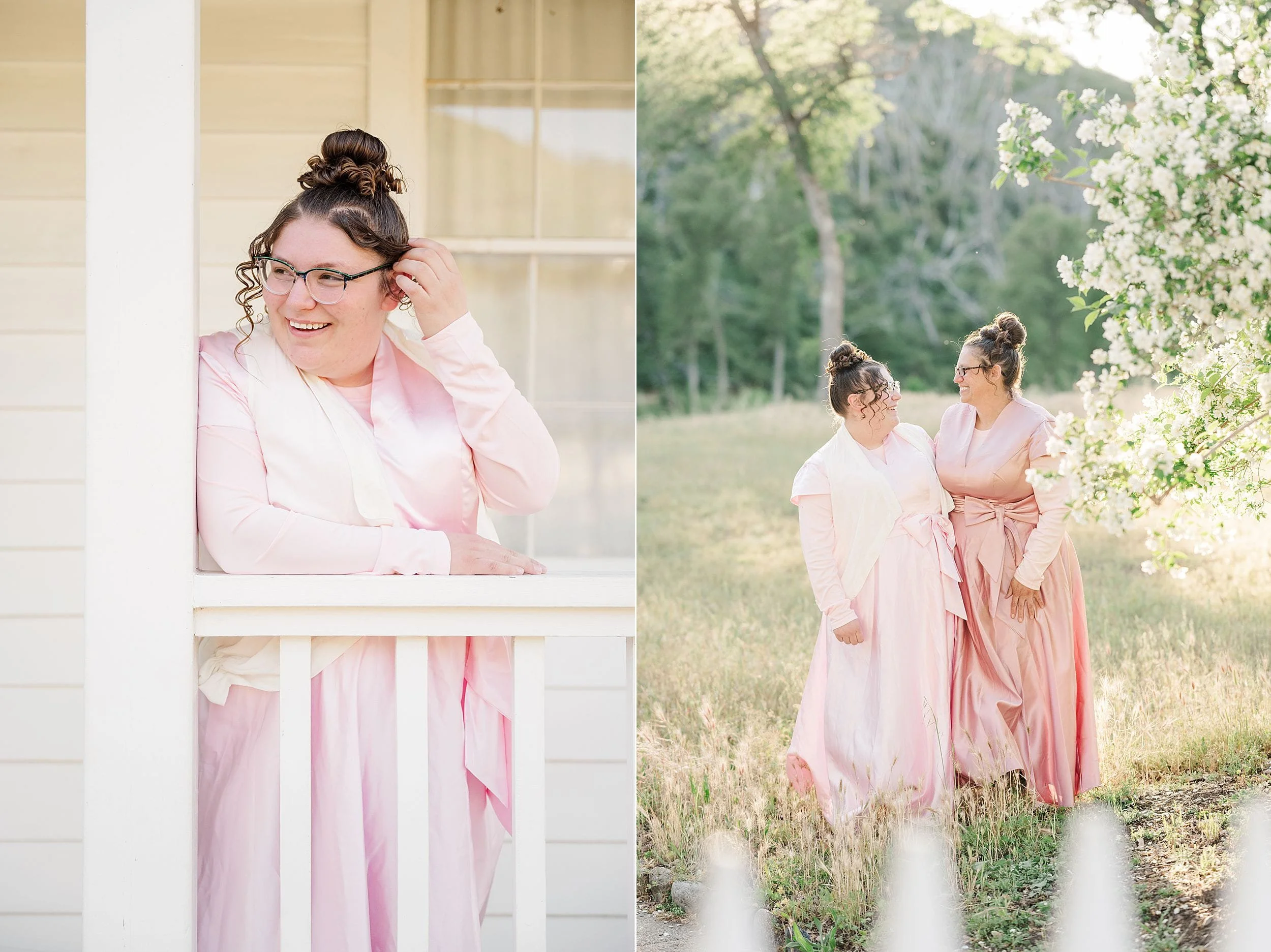 Two women wearing pink dresses with white shawls. One leans on a porch railing, smiling. The other image shows them walking in a sunny meadow.