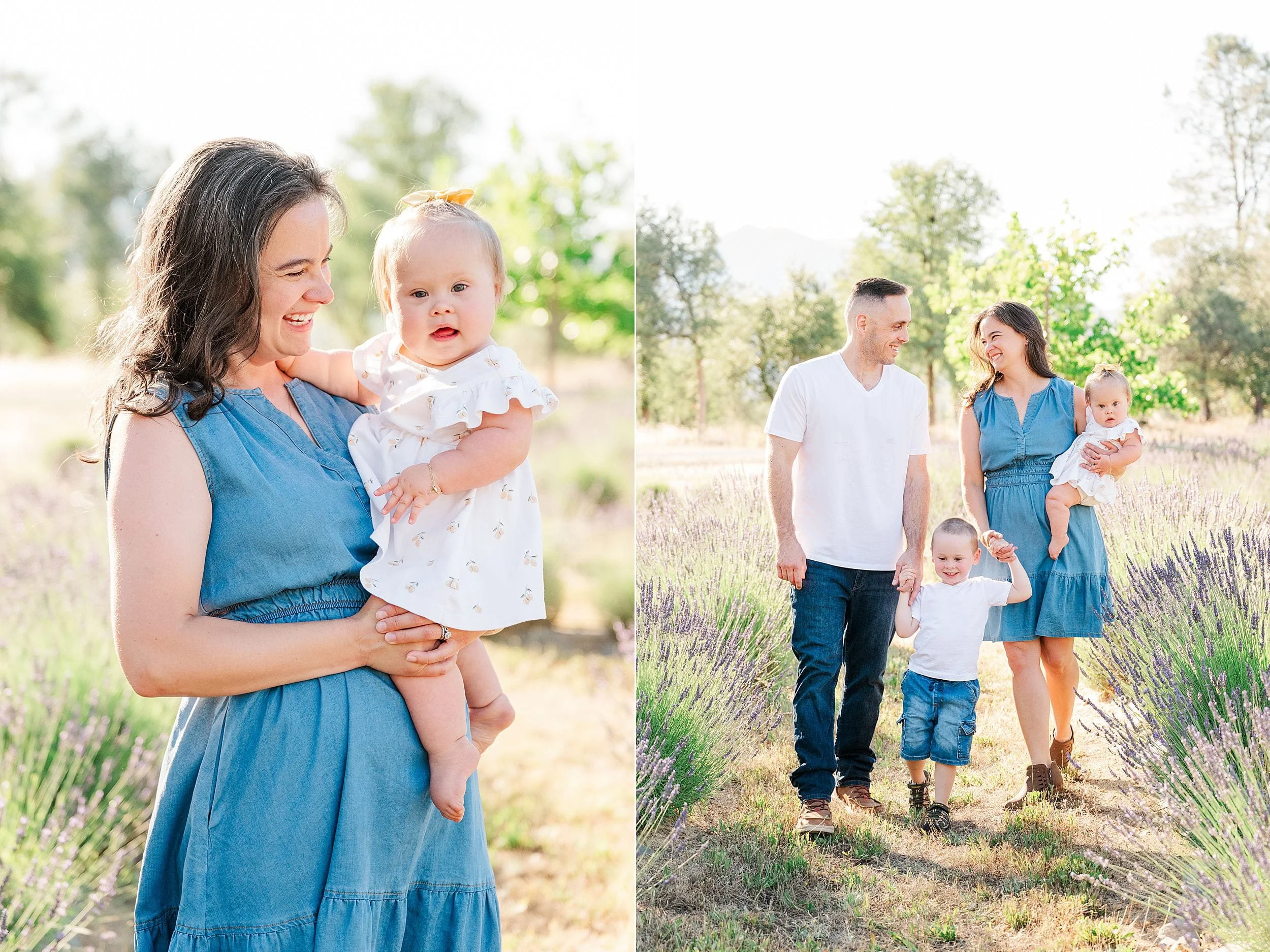 A cheerful mother in a blue dress holding a baby with a yellow bow in a lavender field. Nearby, a smiling family walks together, exuding warmth and joy.