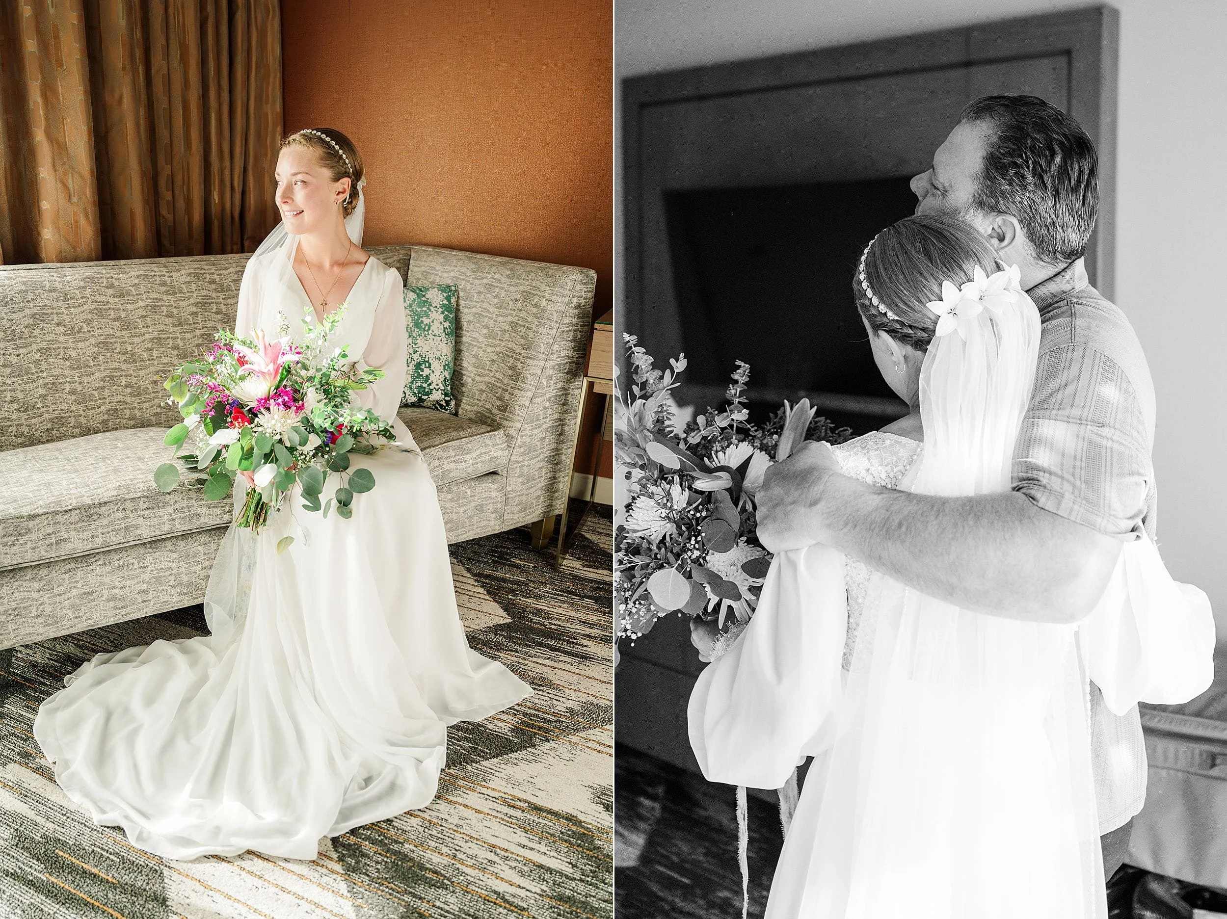 A bride in a white gown sits on a sofa with a colorful bouquet, smiling softly. Beside her, a black-and-white image shows her embracing a man, conveying warmth.