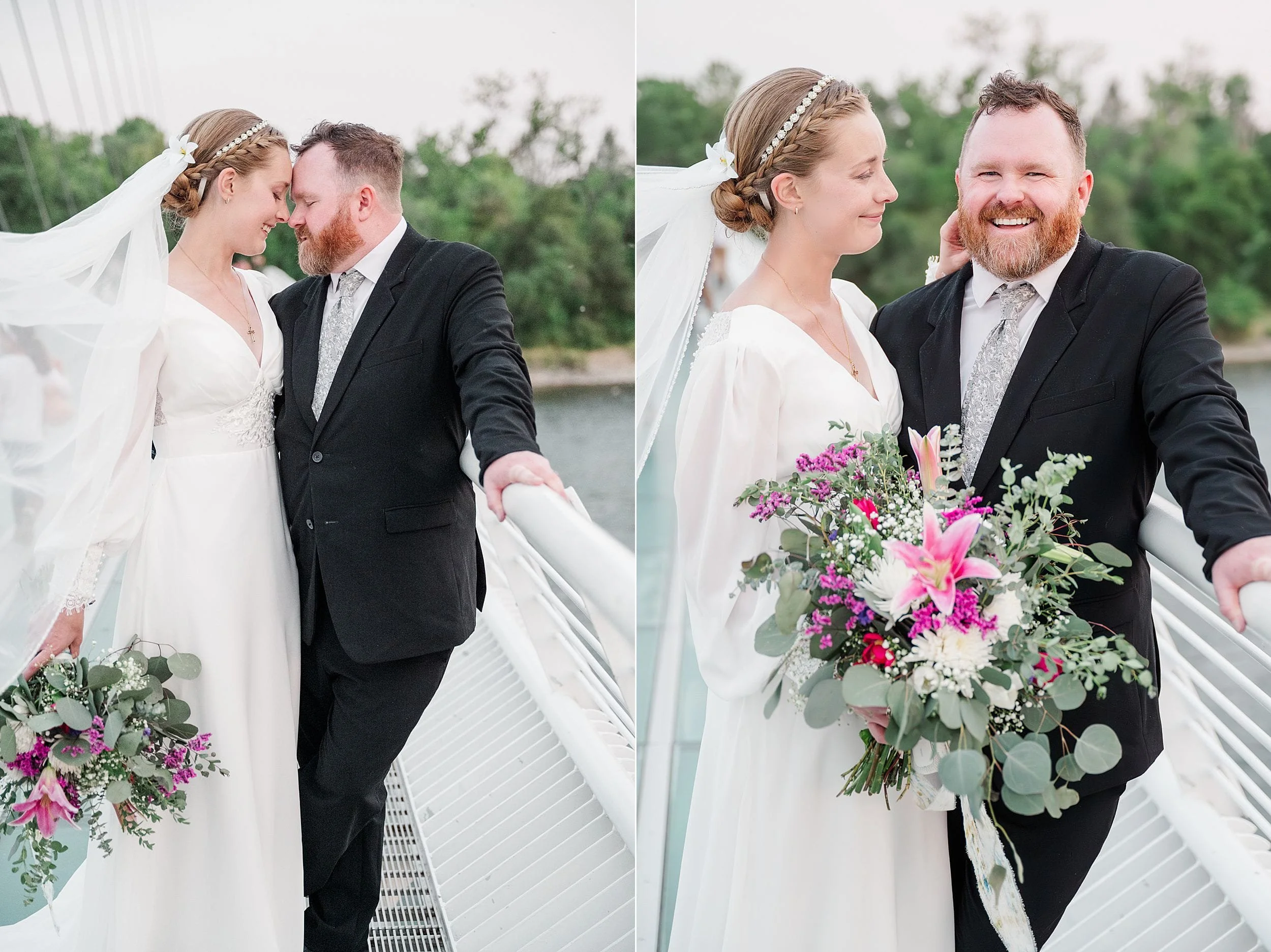 Bride and groom on a bridge, sharing a joyful moment. The bride holds a vibrant bouquet and a veil flows gently. A backdrop of greenery and water.