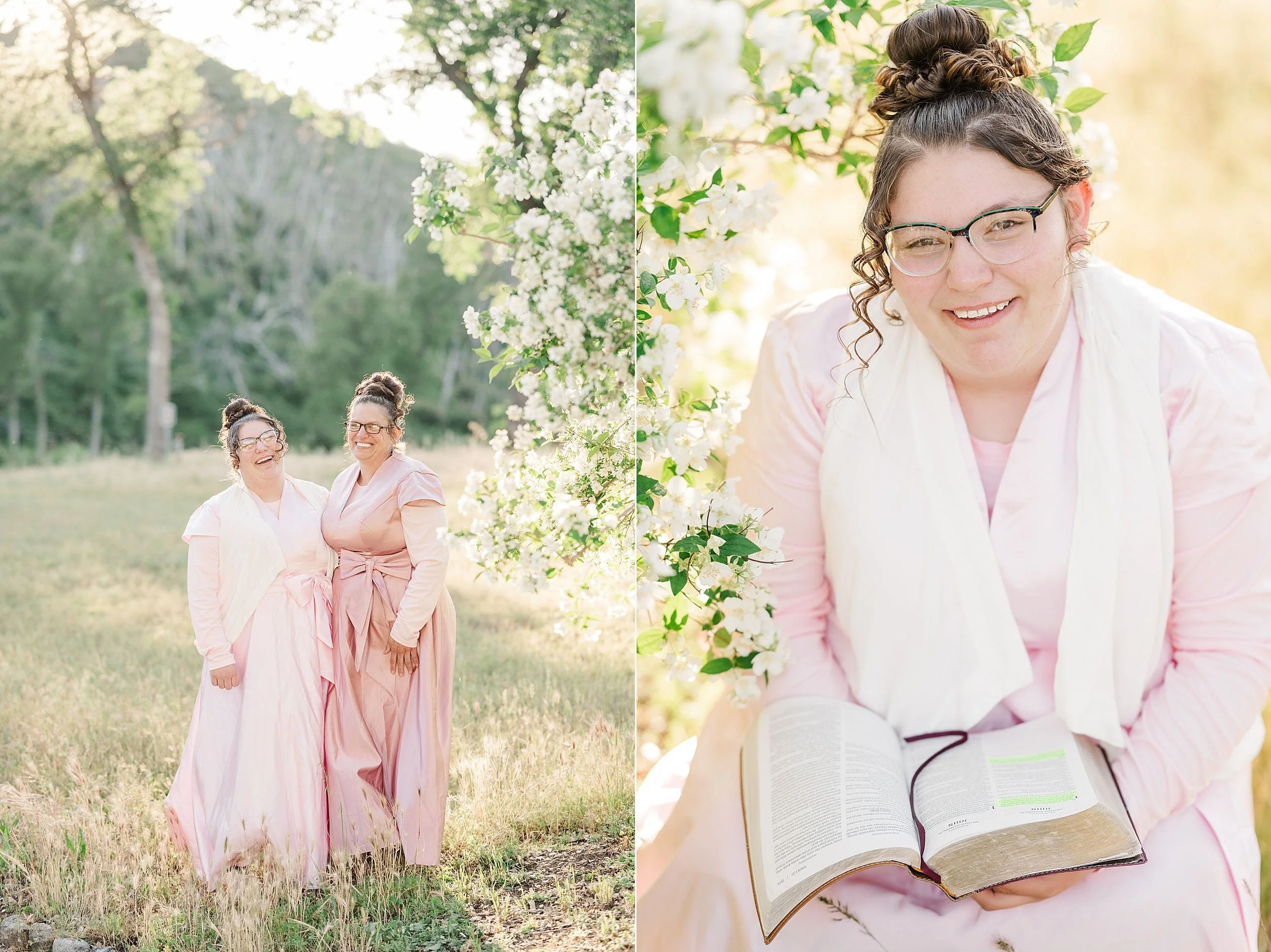 Two women in pink dresses stand in a sunny meadow, smiling. Blossoming branches frame a woman reading a book, conveying warmth and serenity.
