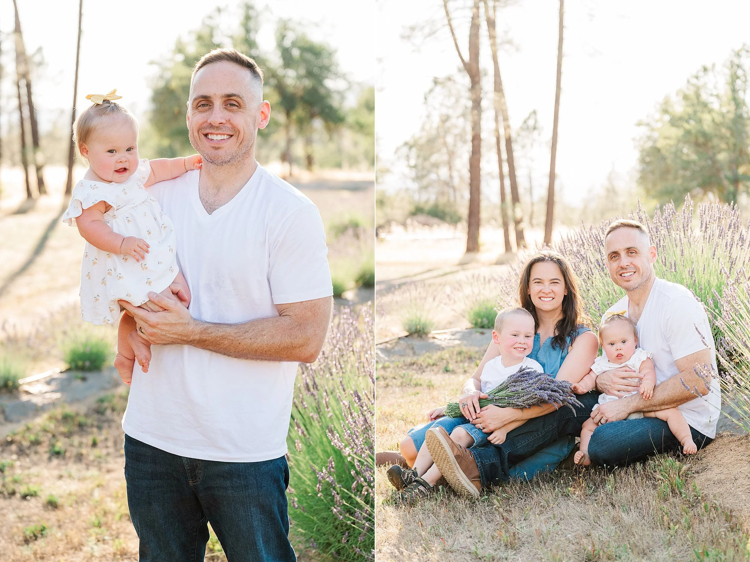 A smiling man in a white shirt holds a baby in a floral dress outside. Next to this, a family of four sits among lavender plants, looking content in the sunlit garden.