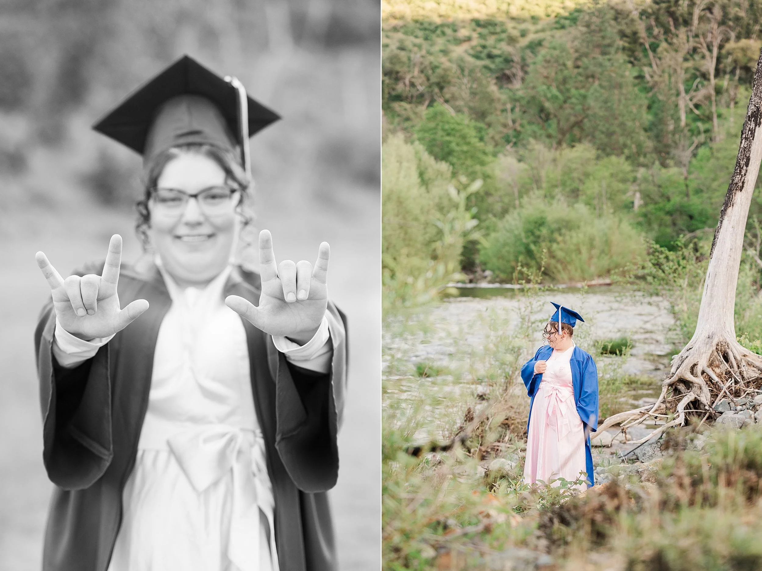 Left image: A graduate in cap and gown uses sign language to express joy. Right image: A graduate in a blue cap and gown stands near a scenic, wooded riverbank.