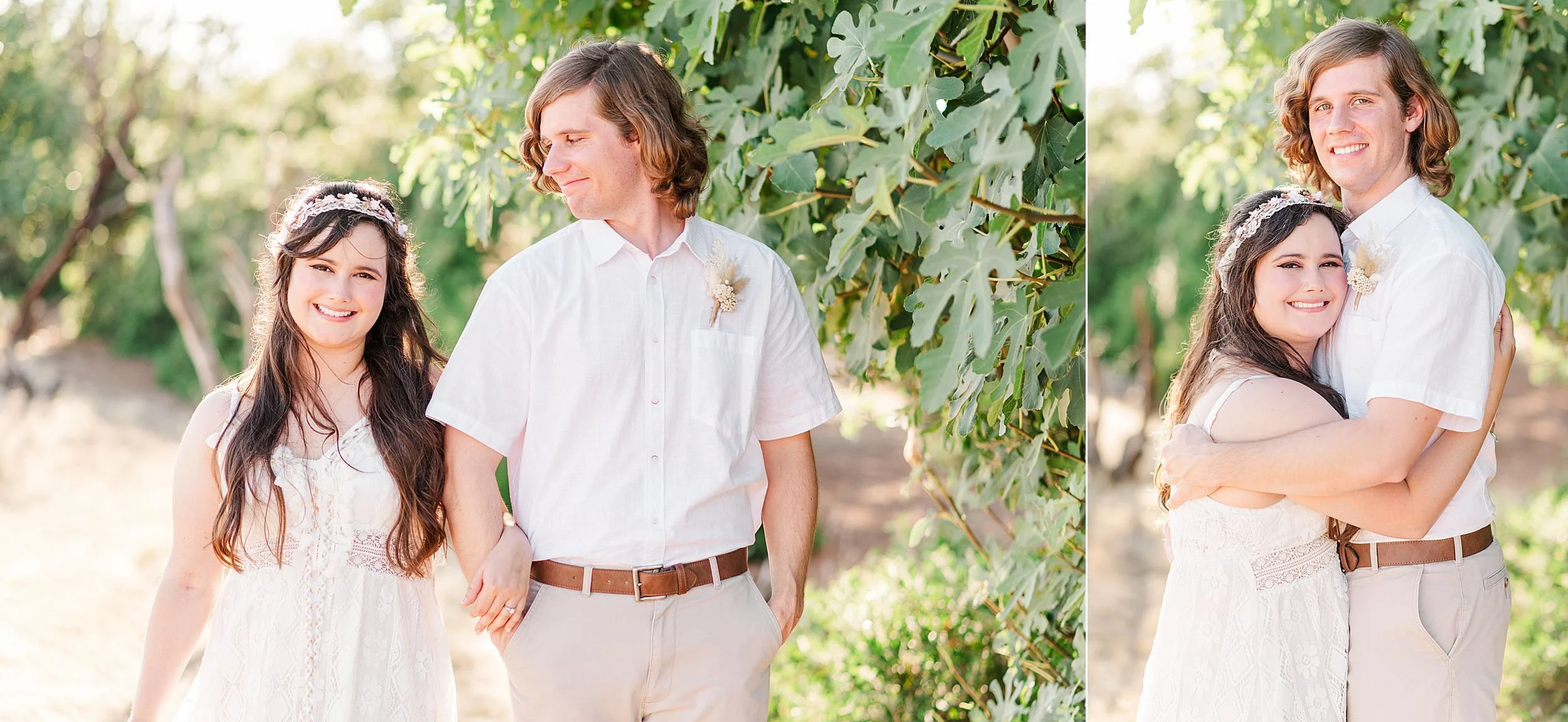 engaged couple next to fig tree