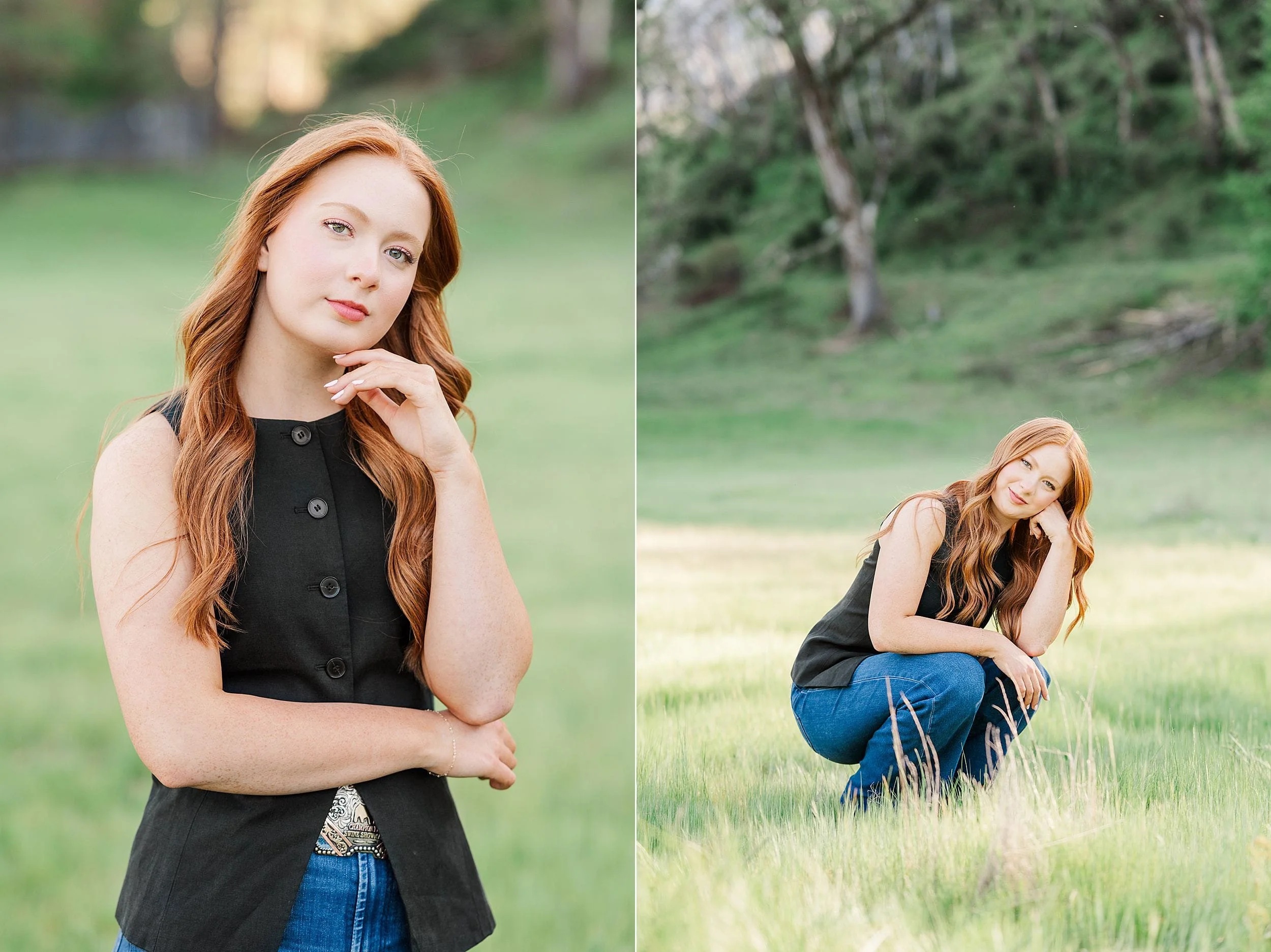 Young woman with long red hair in a black top and jeans poses thoughtfully in a lush green field. The scene conveys a serene, natural vibe.