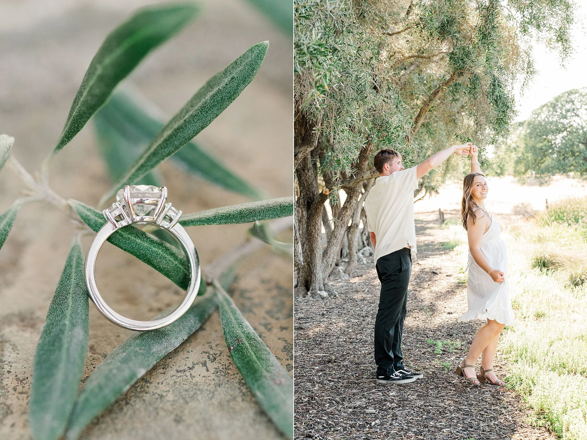A sparkling engagement ring rests on green leaves. Beside it, a couple dances joyfully under sunlit trees, conveying romance and happiness.