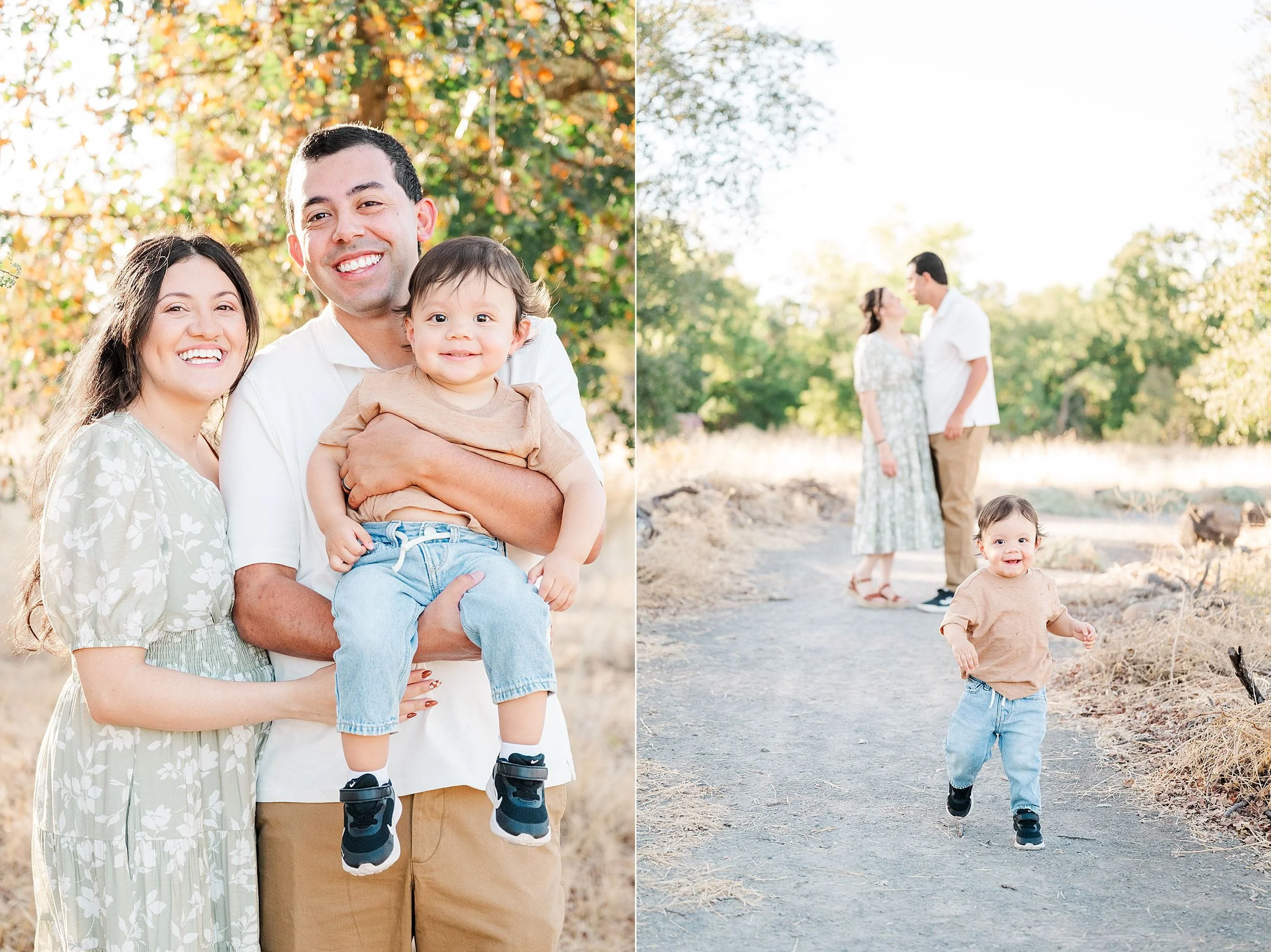 A warm outdoor family portrait shows smiling parents holding their toddler, beside a second scene of the child running toward the camera on a sunlit path.