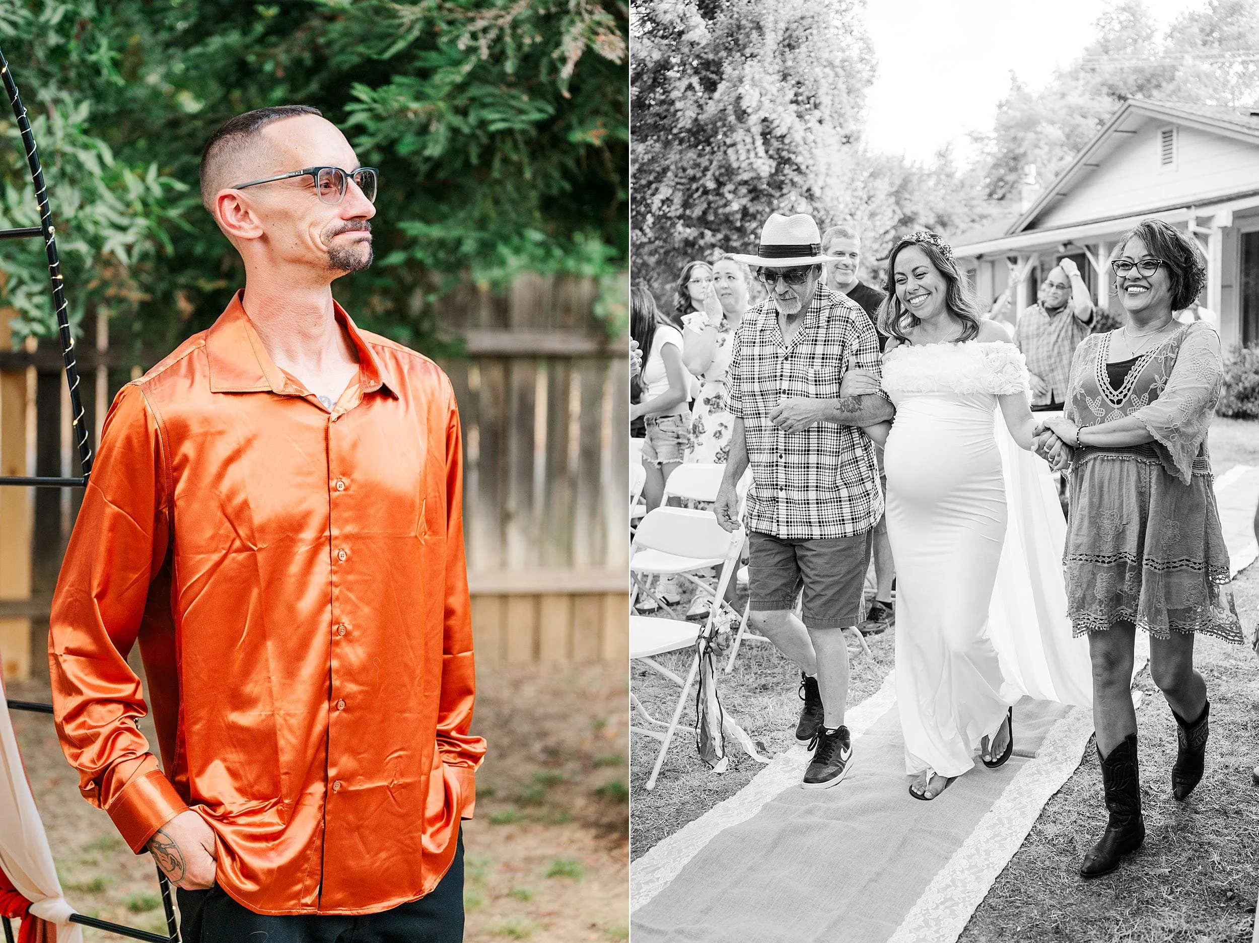 Split image: stylish man in an orange shirt outdoors; black-and-white wedding procession with a smiling bride and guests walking down a path.