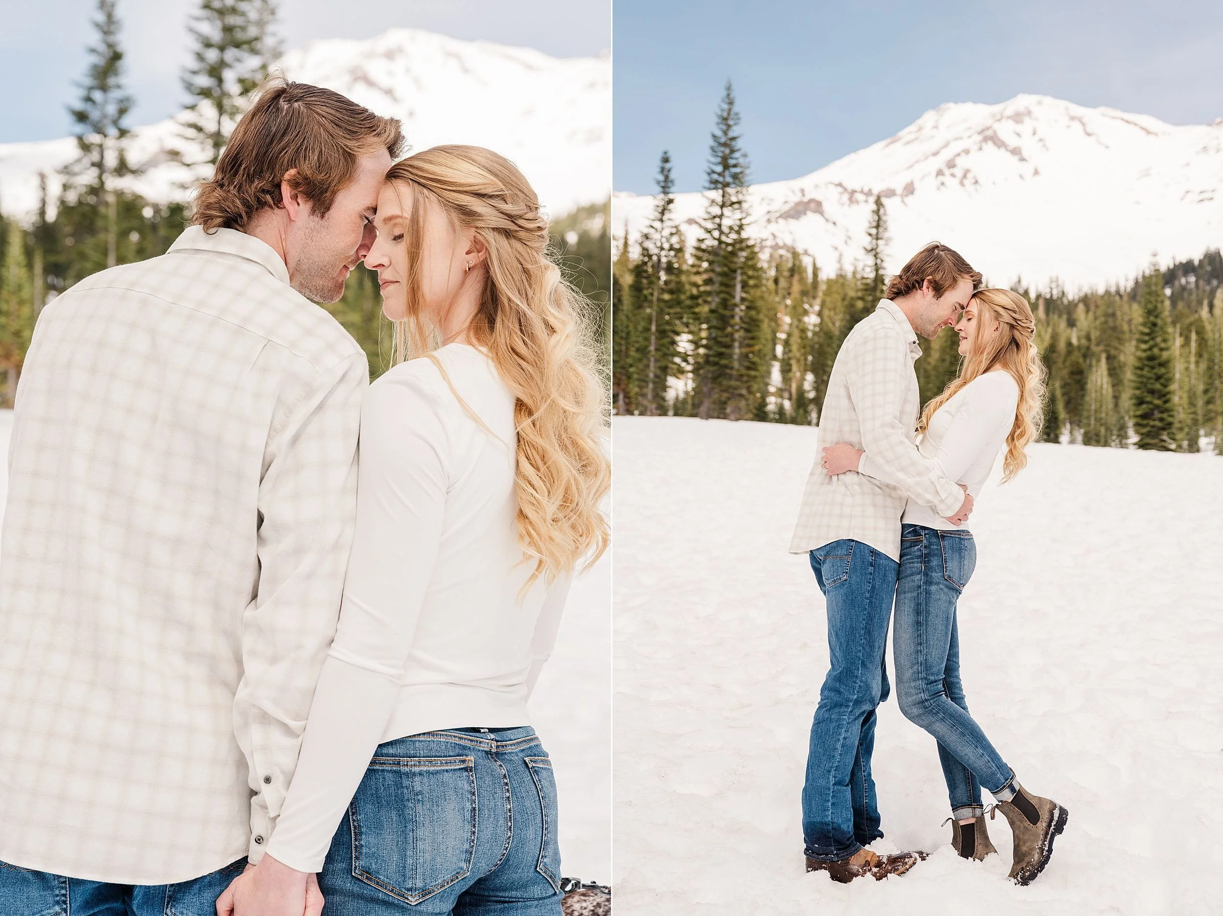 Couple embracing in a snowy landscape with evergreen trees and a snow-covered mountain in the background. They appear affectionate and serene.