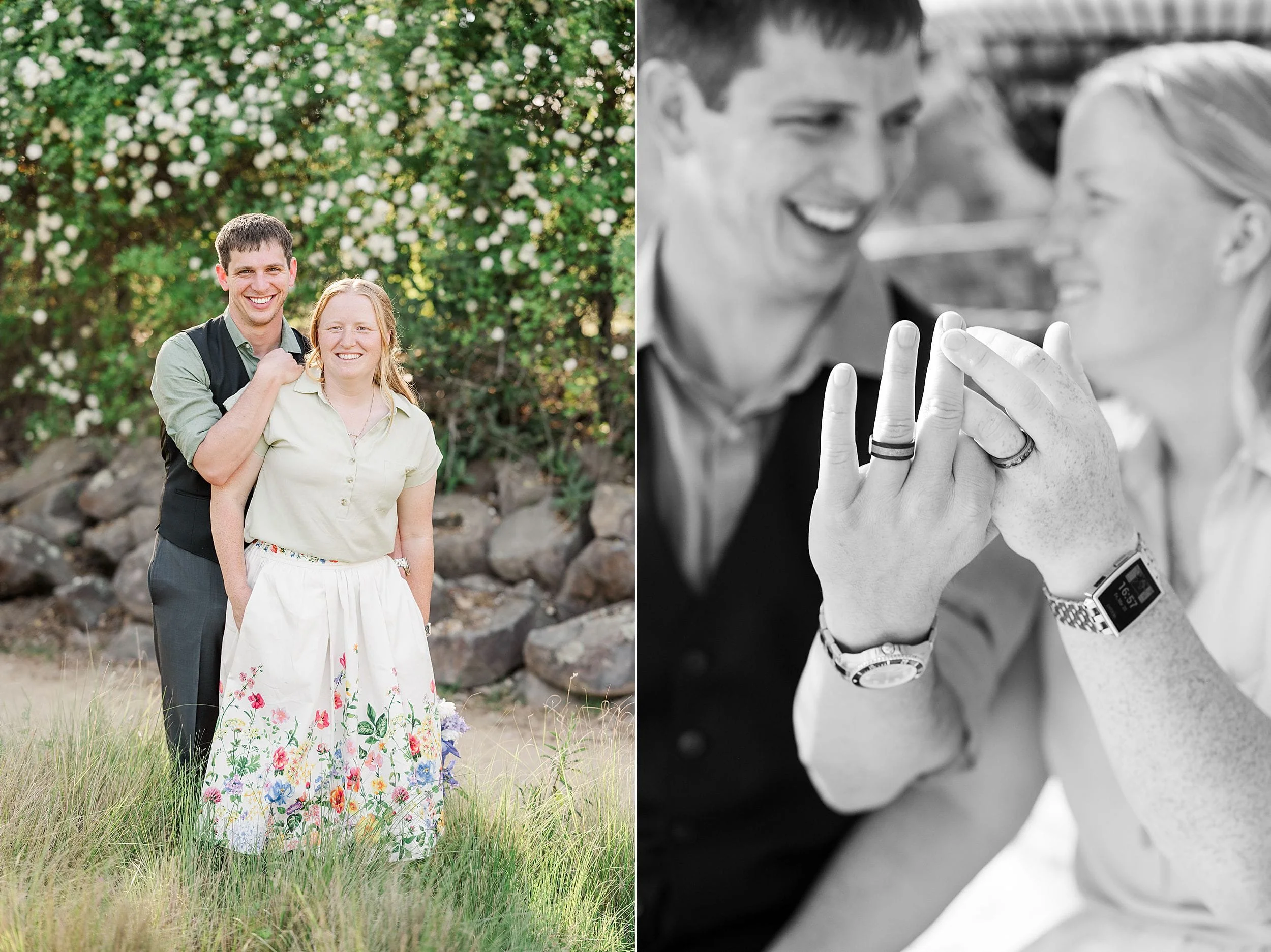 A joyful couple stands in a sunny garden; she wears a floral skirt, he a vest. Close-up of them smiling and showing their rings, conveying happiness.