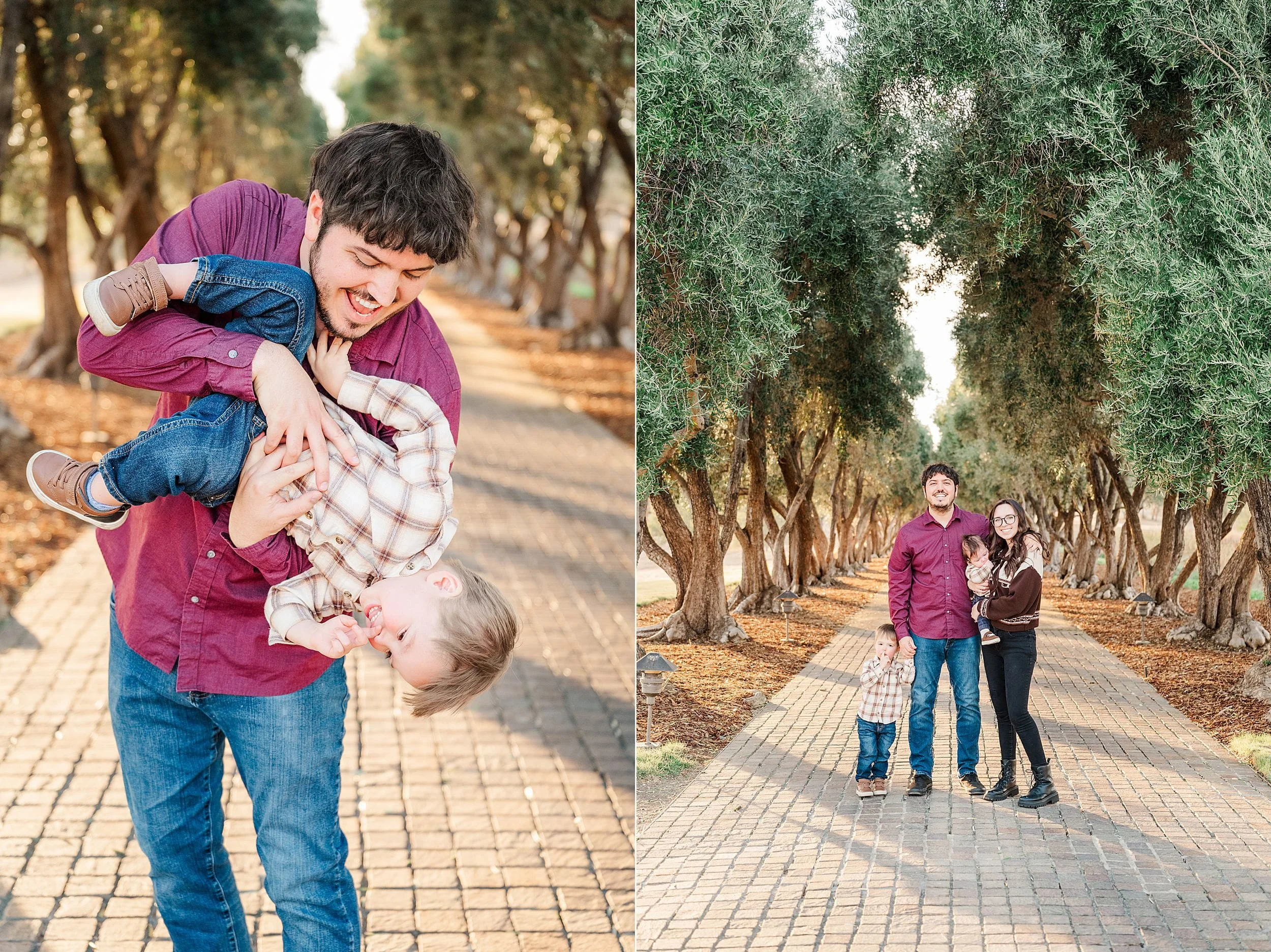A smiling father playfully lifts a young child on a sunlit, tree-lined path; beside it, the parents pose with their child for a warm family portrait.