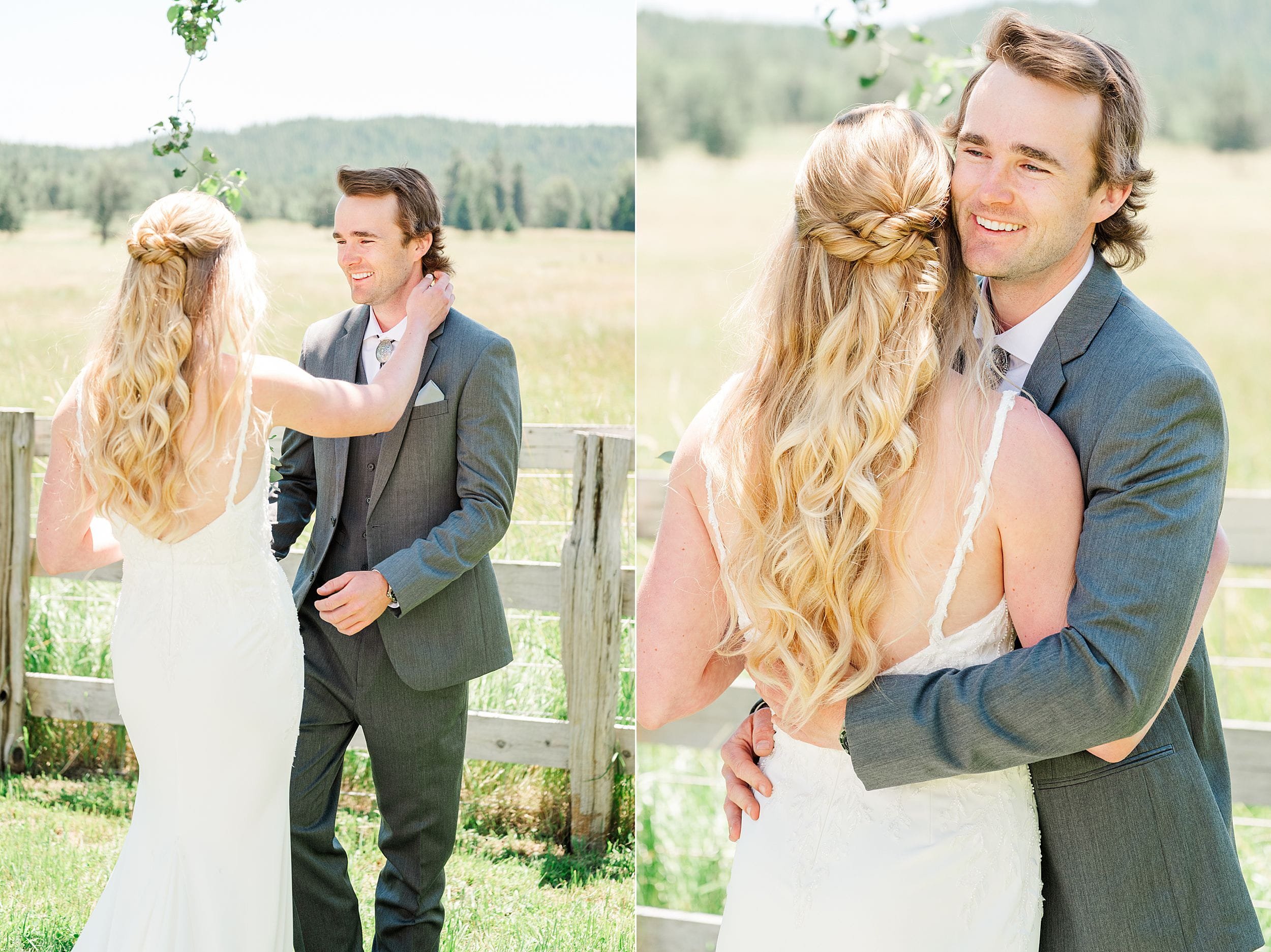 Groom smiling as he sees his bride for the first time on their wedding day.