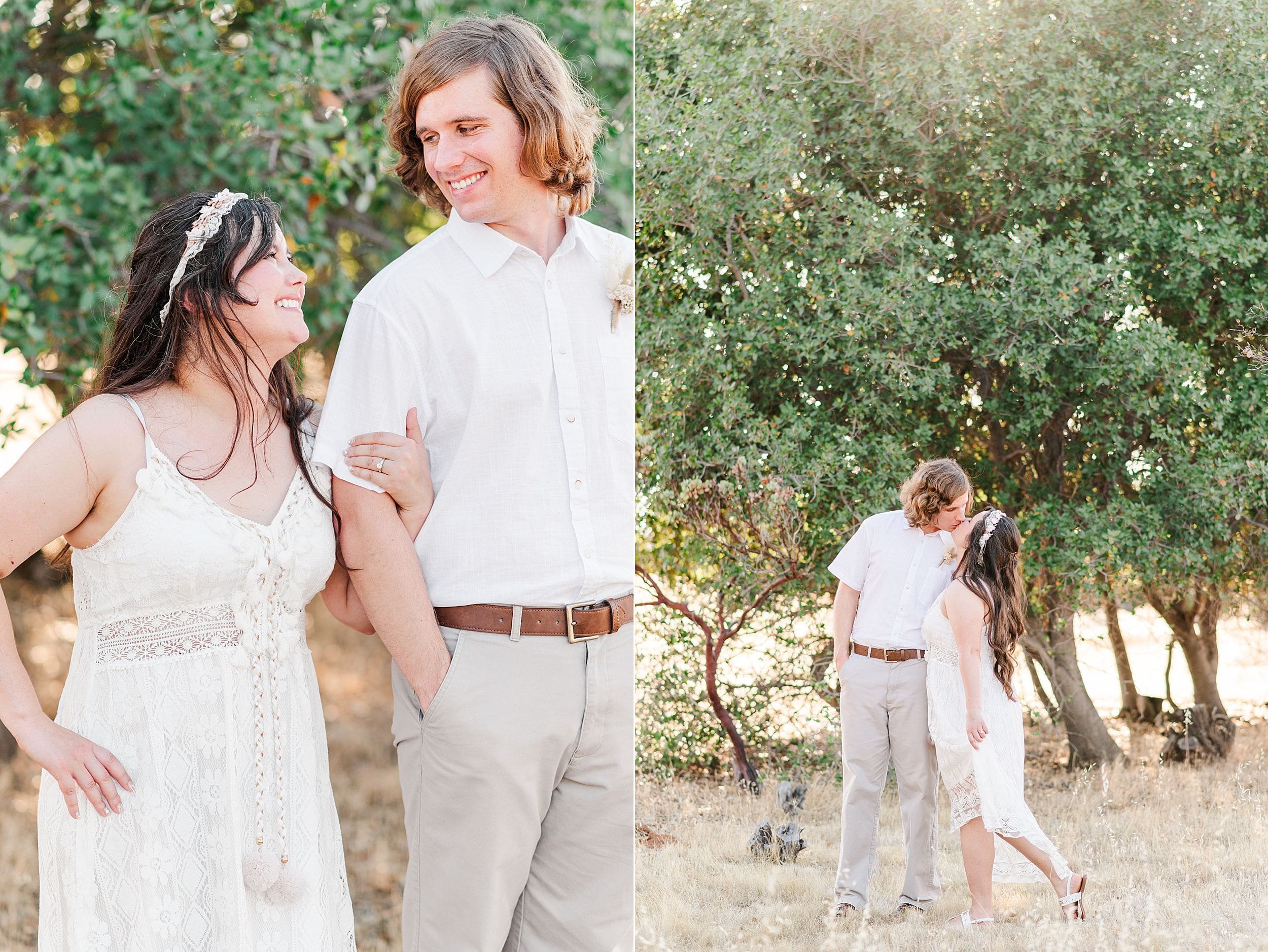 couple smiling at each other with linked arms then sharing a kiss