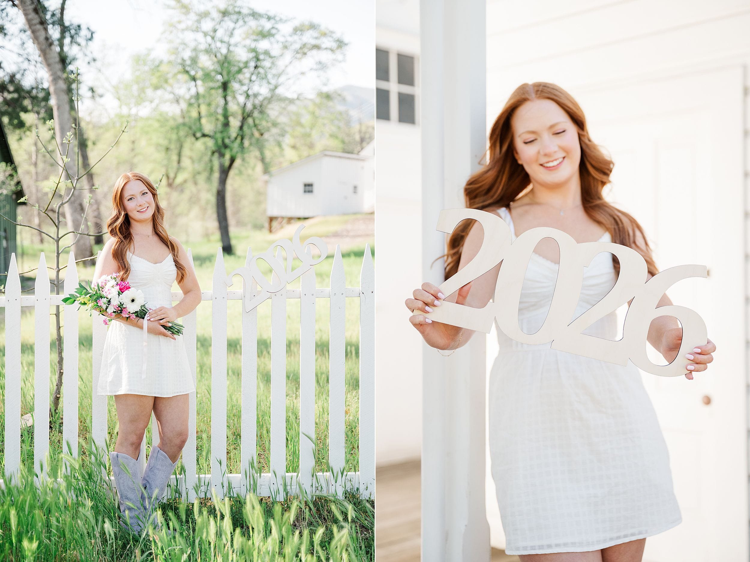 Young woman in a white dress stands by a white picket fence holding flowers, smiling. Beside, she holds "2026" indoors, exuding joy and anticipation.
