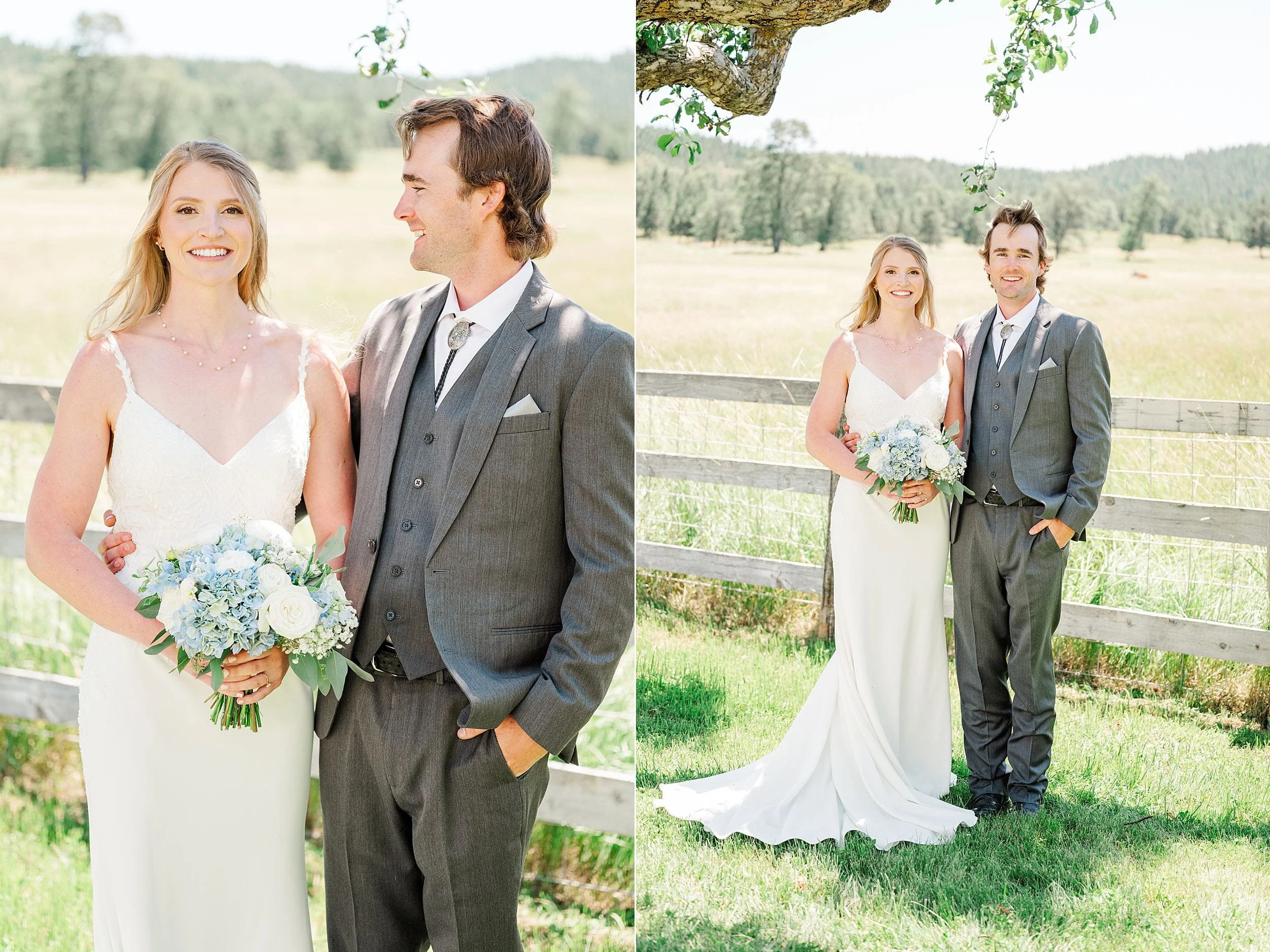 Romantic bride and groom portrait surrounded by golden grass and mountain views.