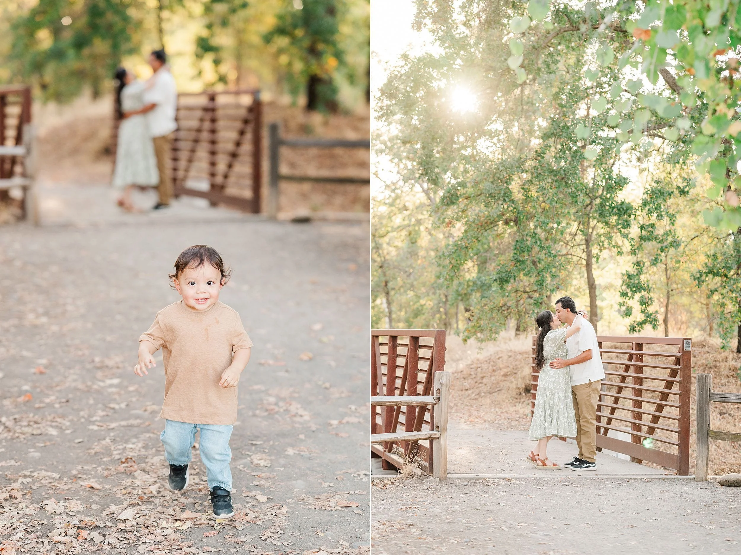 A three-photo collage shows a toddler in a tan sweater on a leaf-strewn path, with parents embracing by a wooden gate under sunny autumn trees.