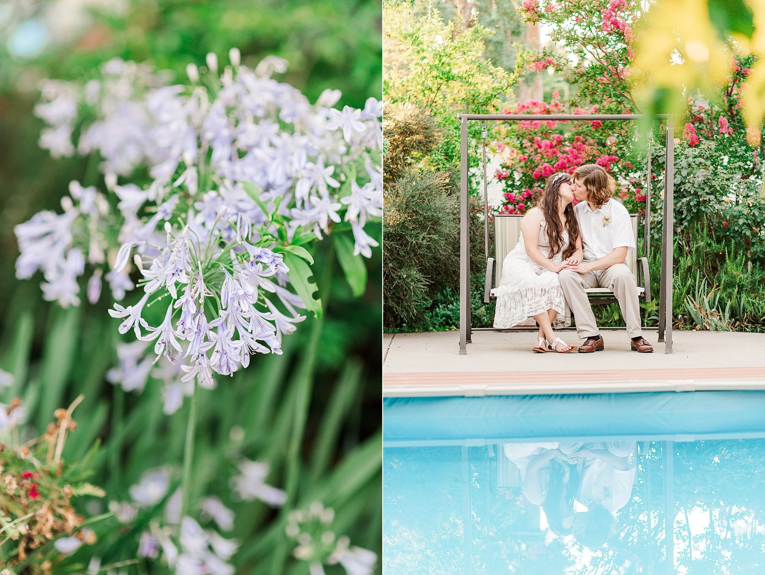 couple kissing while sitting on porch swing by the pool