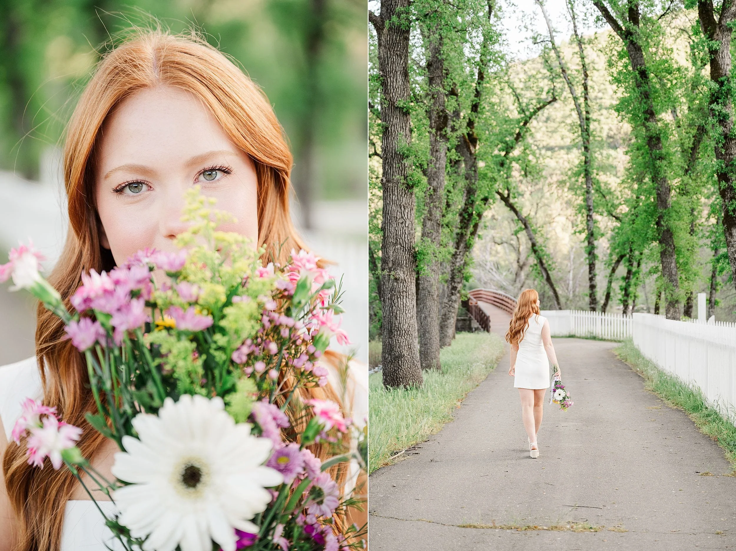 On the left, a woman with red hair holds a bouquet of colorful flowers. On the right, she walks away on a tree-lined path, wearing a white dress.