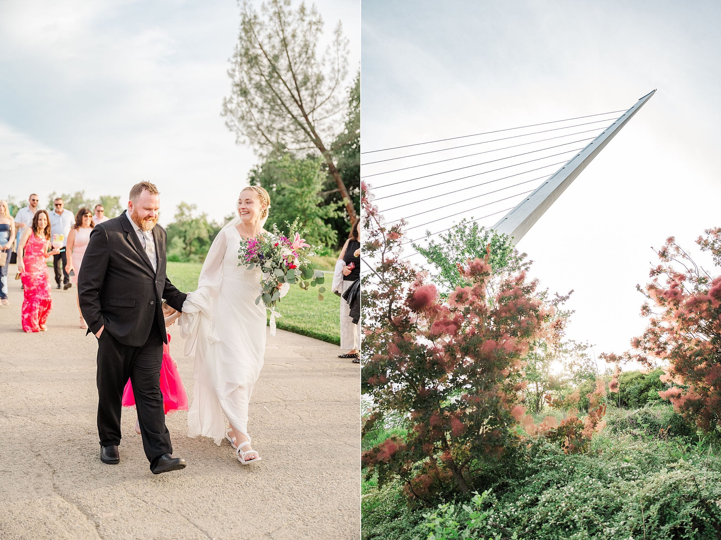 On the left, a joyful bride in white walks hand-in-hand with a man in a black suit, surrounded by guests on a sunny day. On the right, an abstract architectural structure rises behind lush greenery and vibrant blooms under a bright sky.