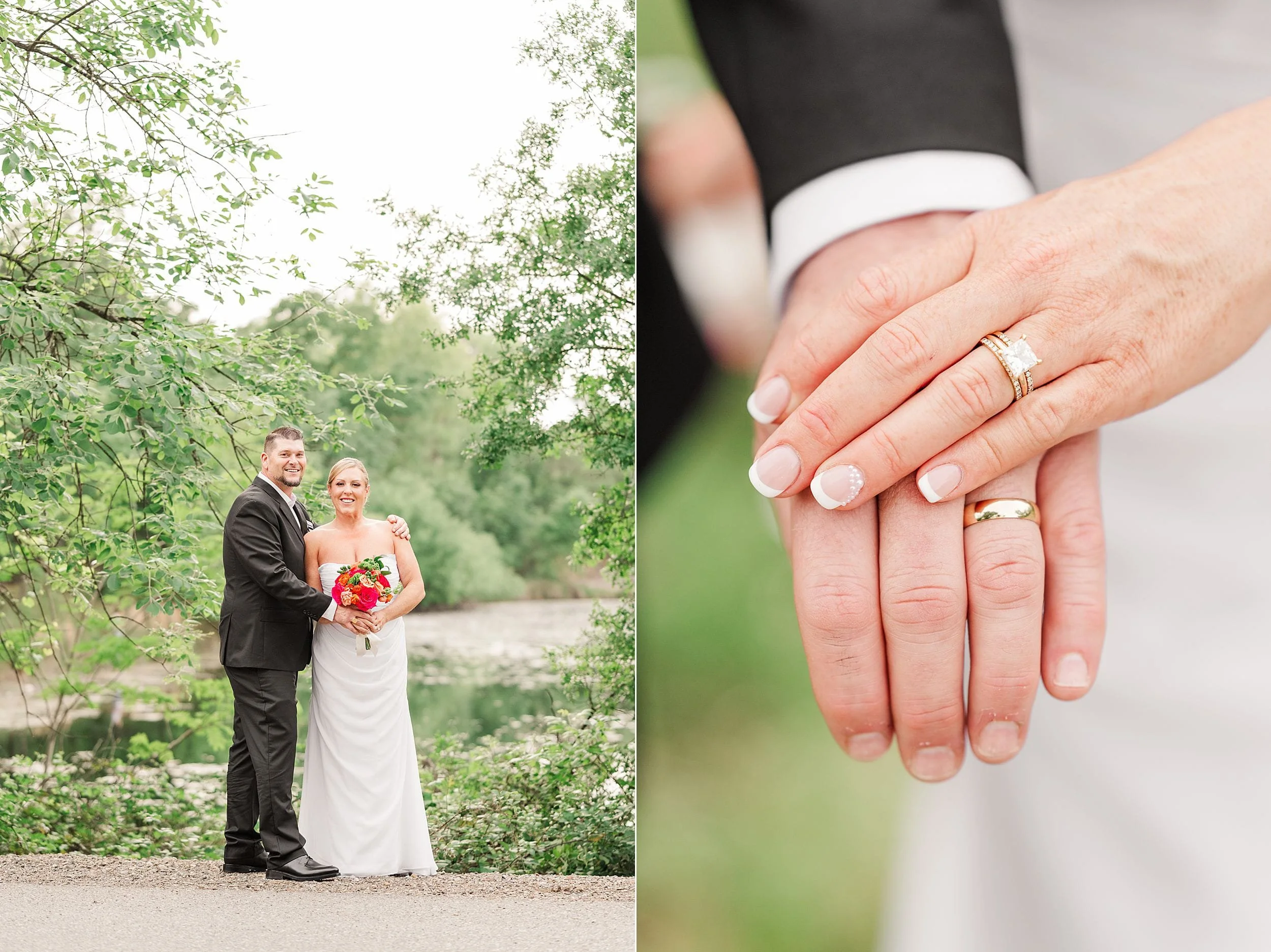 Left: A smiling couple in wedding attire stands by a lush, green riverside. Right: Close-up of their hands, showing wedding rings. Joyful and serene atmosphere.
