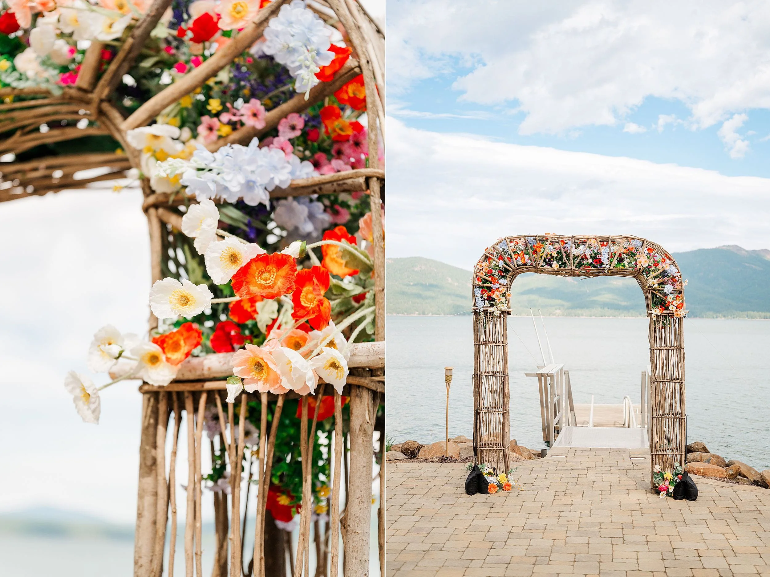 Rustic wedding arch adorned with colorful flowers, shown close-up and beside a lake, mountains, and blue sky in a bright, romantic setting.