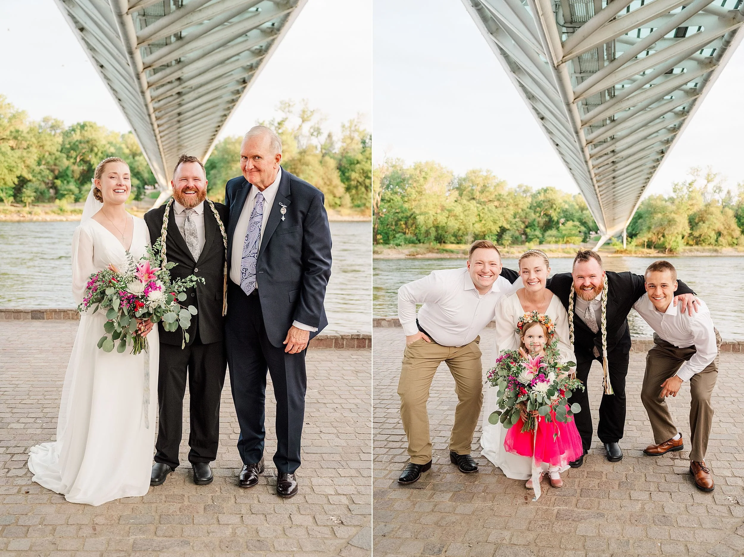 Wedding photos under a bridge show a bride in a white gown holding a bouquet, with loved ones smiling beside her against a serene riverside backdrop.