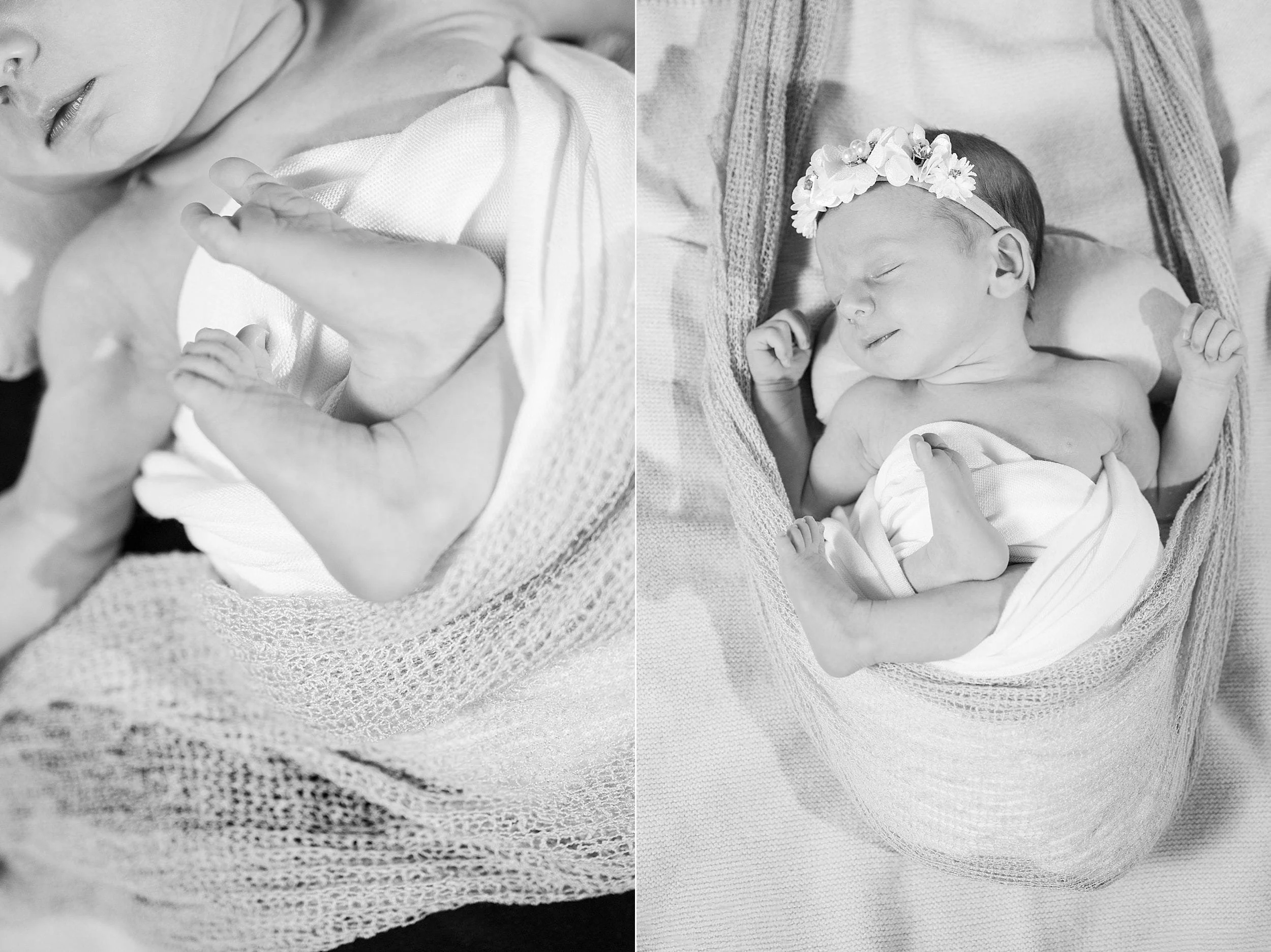 Black and white image of a sleeping newborn swaddled in a soft blanket. The baby wears a floral headband, conveying peace and innocence.